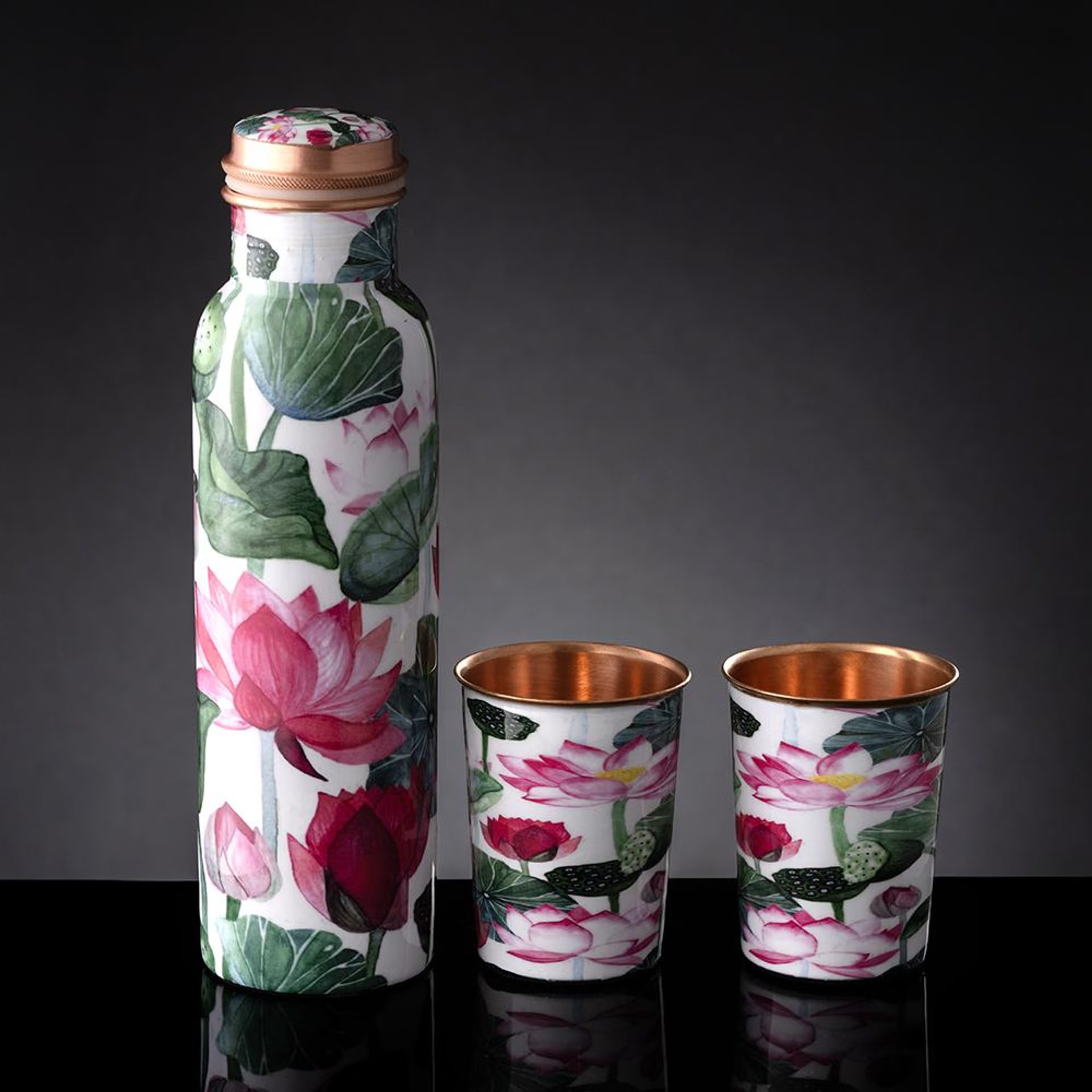 Printed Copper Bottle (1 Litre) with 2 Tumblers(200 ml) | 100% Pure Copper | Leak Proof & BPA Free | Office Bottle | Ayurveda Recommended | Boosts immunity,Supports Digestive & Liver Health | Como Copper, Multicolor