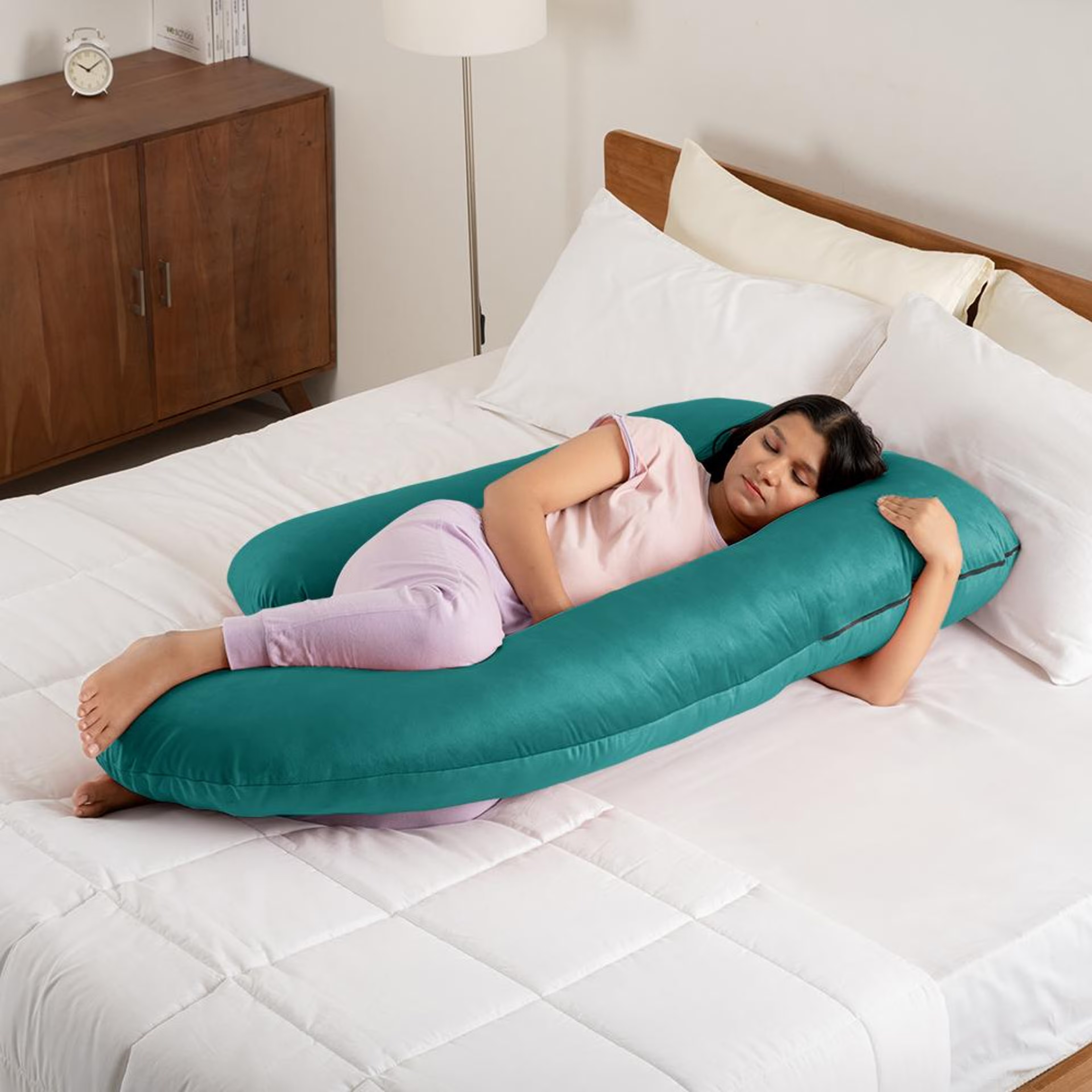 Maternity Pillow for Pregnancy Support | G Shape | Super Soft & Machine Washable Velvet Cover | Peacock Green G Shape, Velvet, Peacock Green