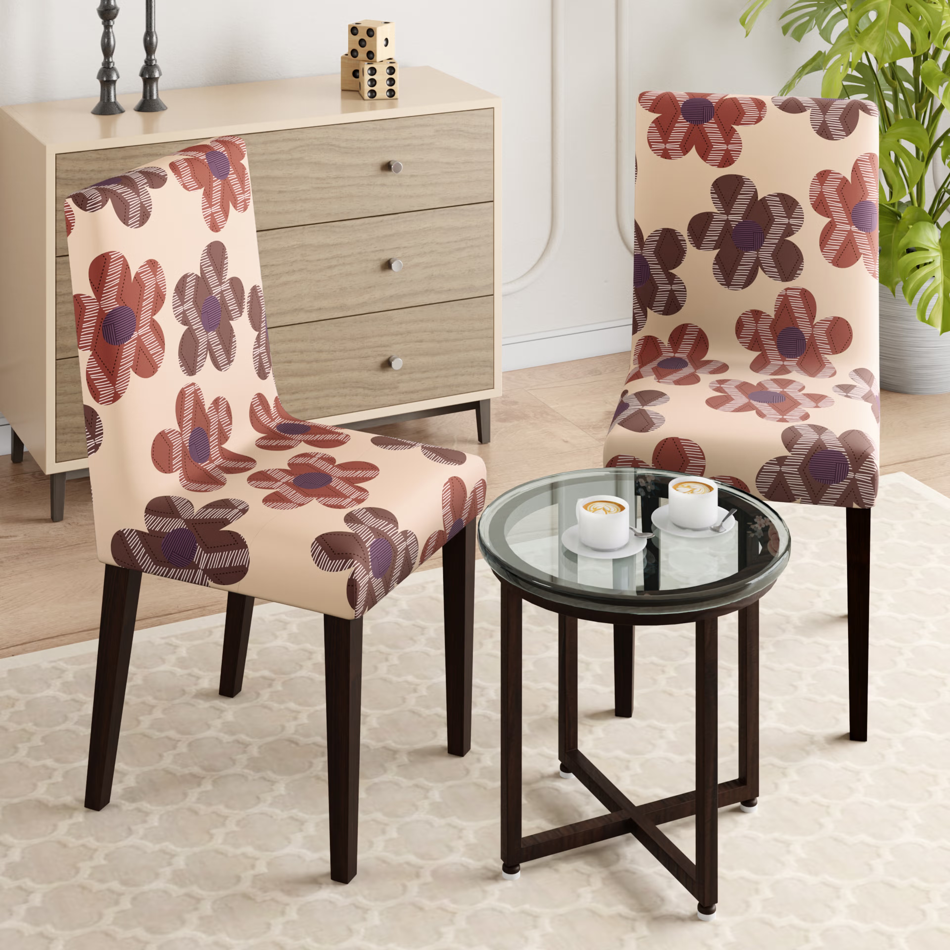 Printed Chair Cover | Elastic Stretchable Dining table Chair Cover 2 seater | Removable & Washable Slip Cover | Chair Seat Protector&nbsp;|&nbsp;Floro | Set of 2 Set Of 2, Floro