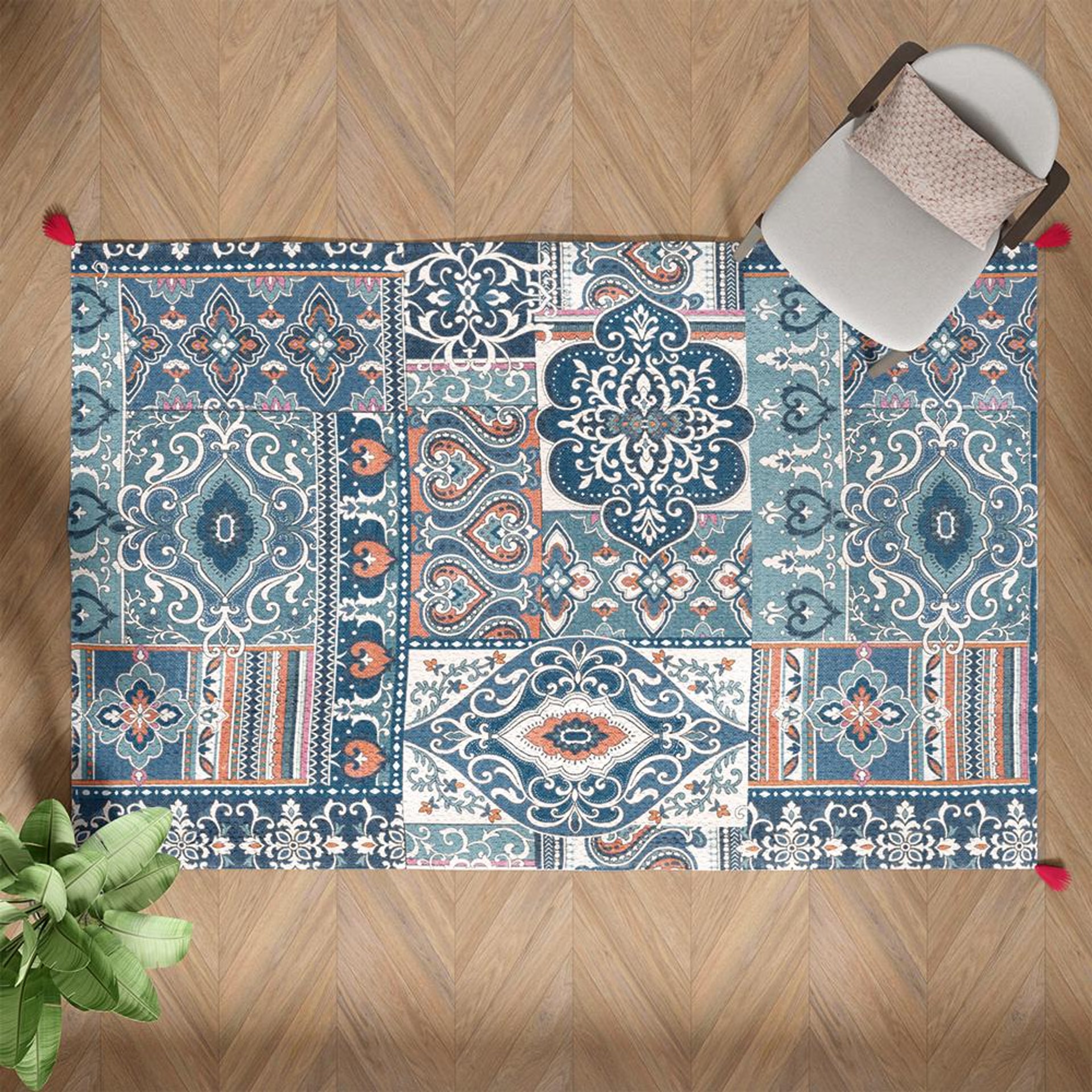 Home 25 Handmade Printed Dhurrie | Carpet Rug Runner Floor Mat for Living Room, Bedroom| Perfect for High-Traffic Areas | Soft, Easy-Care, and Stylish Tassels | Polyester | Rectangle Neil 2x3 Feet, Blue 2x3 Fts