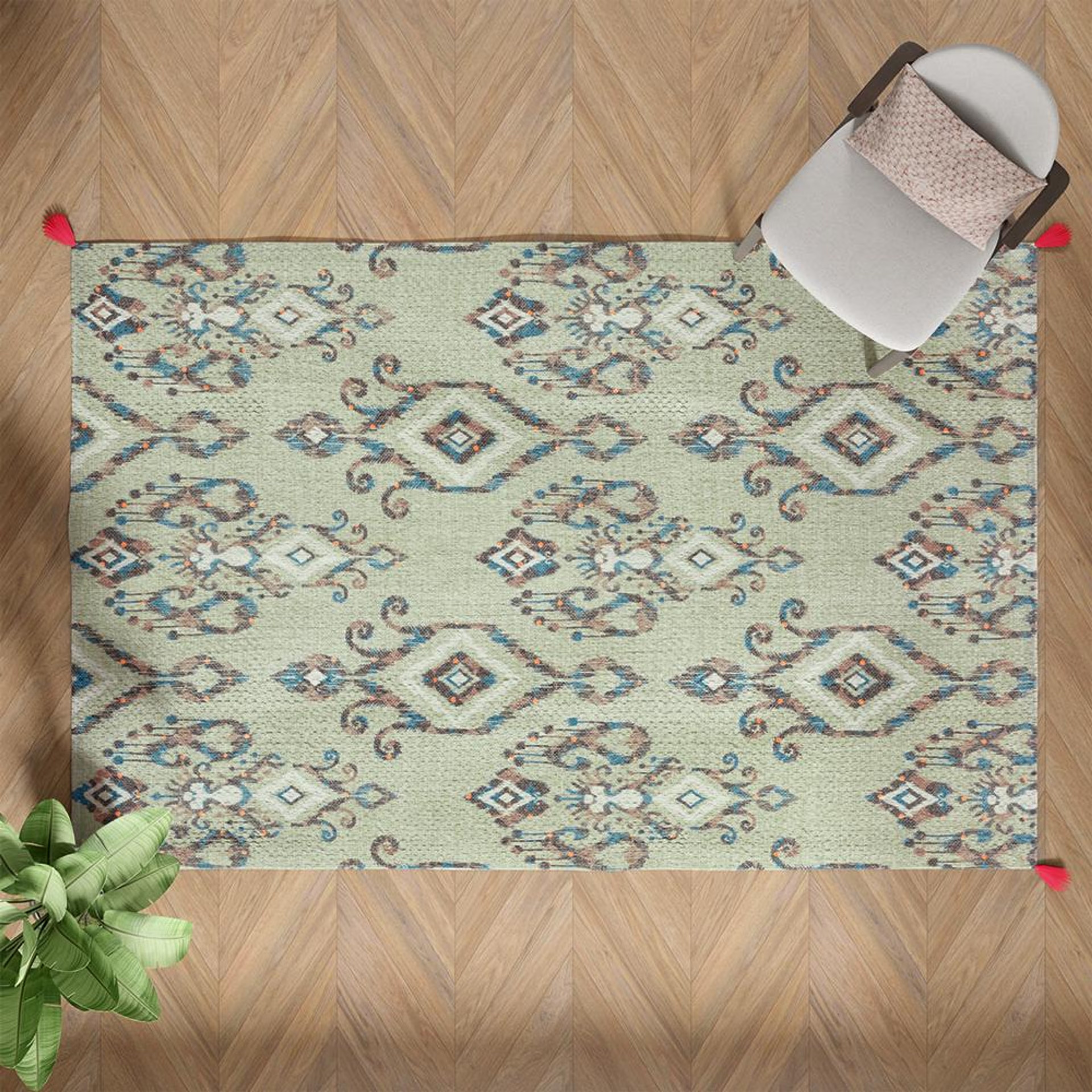 Handmade Printed Dhurrie | Carpet Rug Runner Floor Mat for Living Room, Bedroom| Perfect for High-Traffic Areas | Soft, Easy-Care, and Stylish Tassels | Polyester | Rectangle Classico 4x6 Feet, Green 4x6 Fts