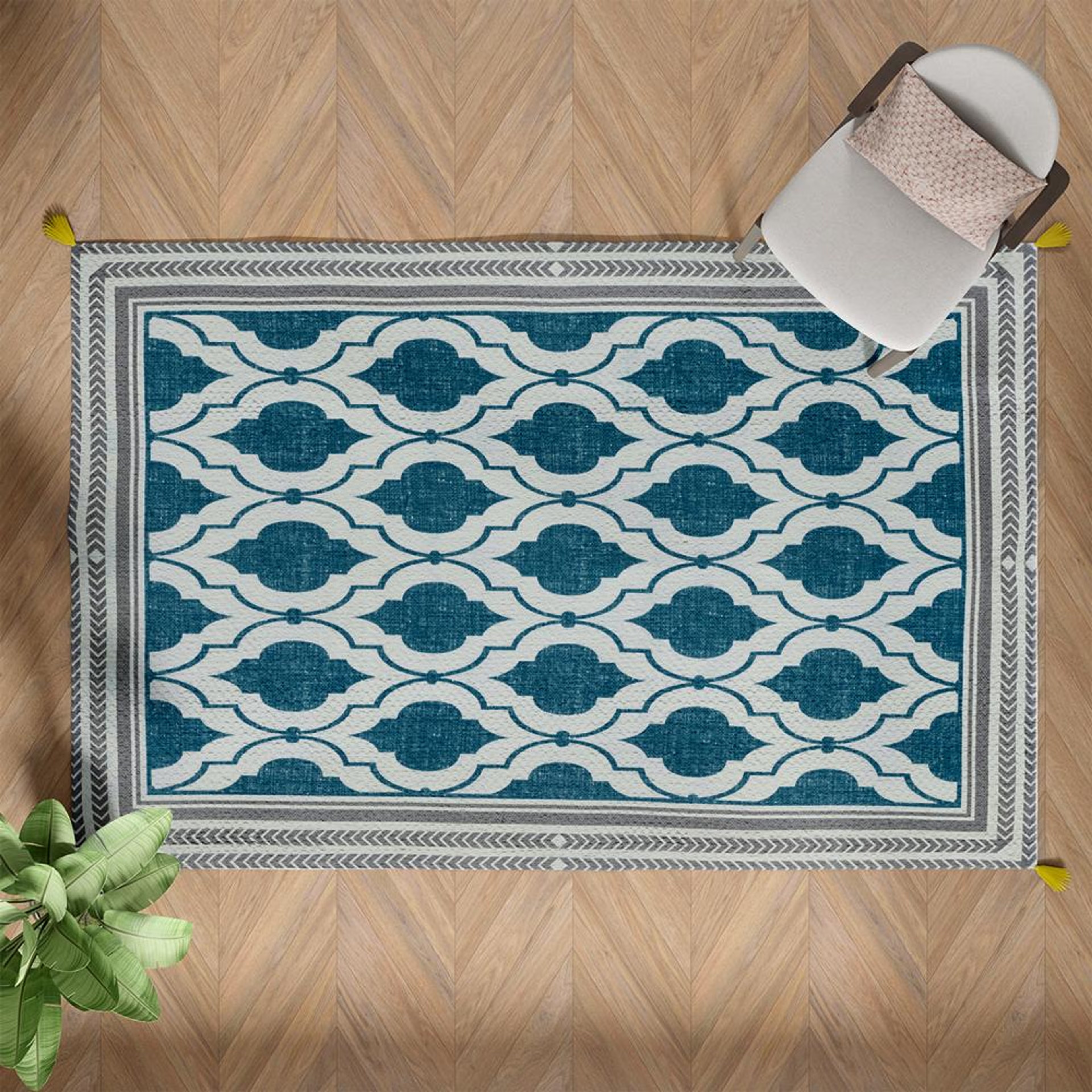 Handmade Printed Dhurrie | Carpet Rug Runner Floor Mat for Living Room, Bedroom| Perfect for High-Traffic Areas | Soft, Easy-Care, and Stylish Tassels | Polyester | Rectangle Meher 4x6 Feet, Blue 4x6 Fts