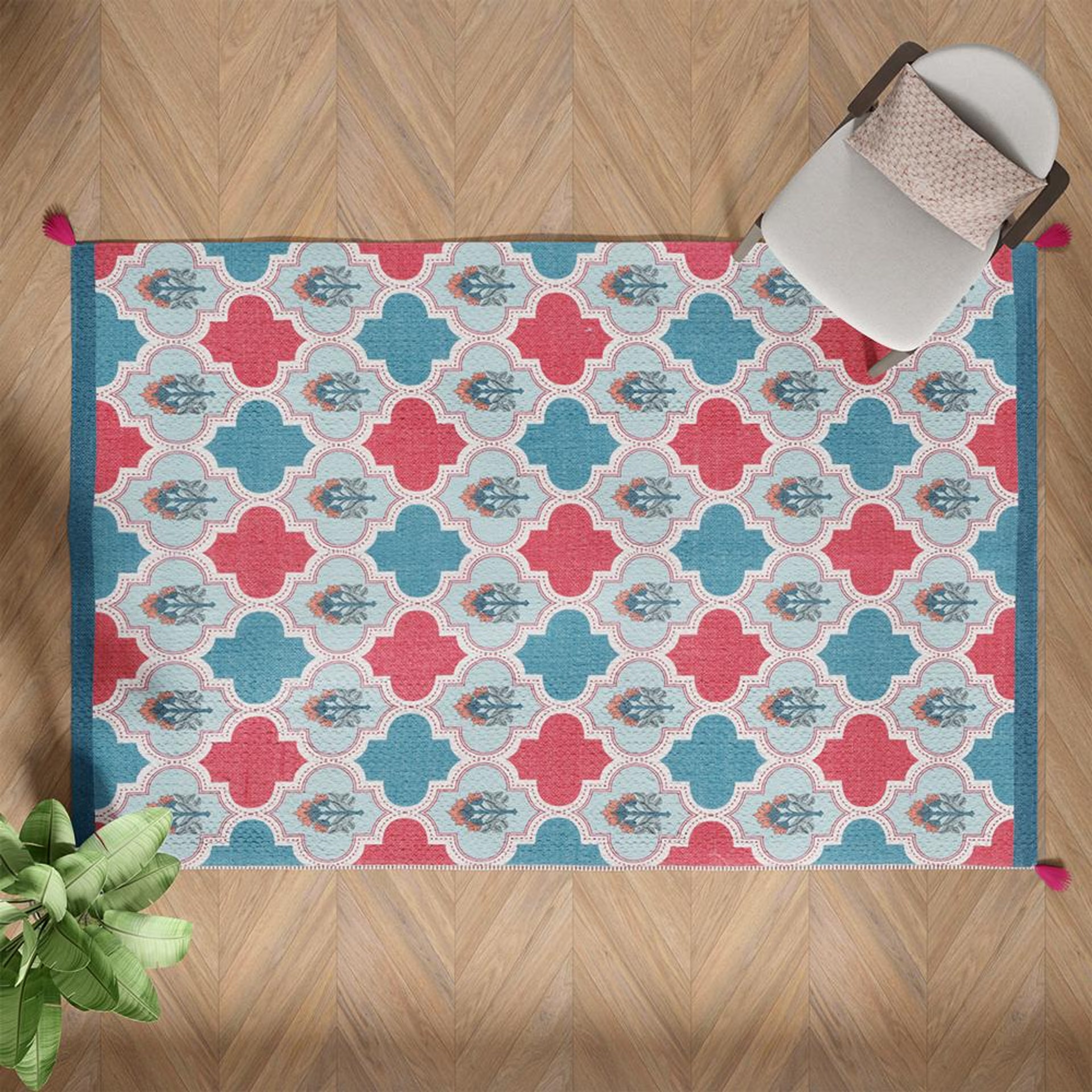 Handmade Printed Dhurrie | Carpet Rug Runner Floor Mat for Living Room, Bedroom| Perfect for High-Traffic Areas | Soft, Easy-Care, and Stylish Tassels | Polyester | Rectangle Naaz 4x6 Feet, Red/Blue 4x6 Fts