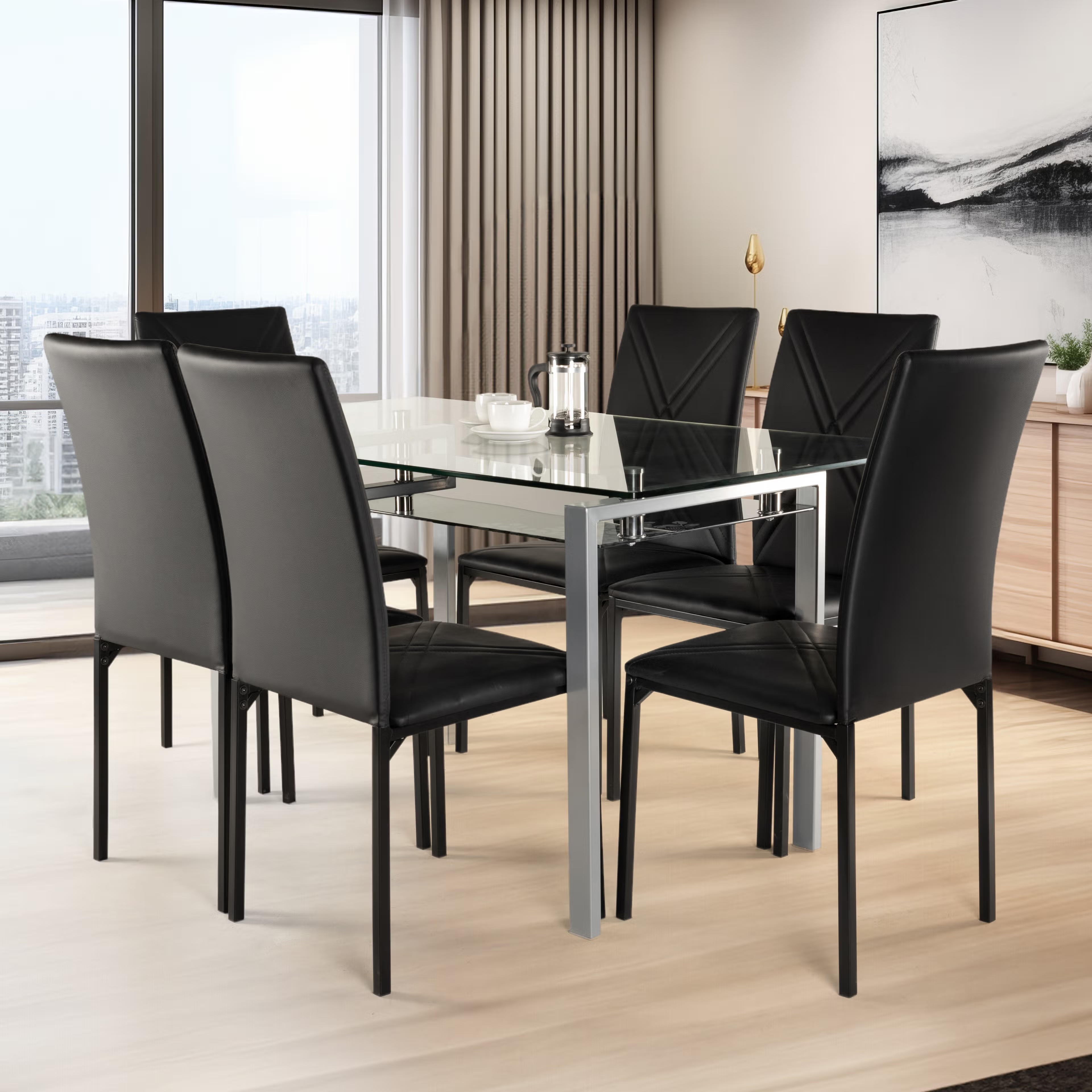 Home 40 Wakefit Vanilla 6 Seater Glass & Metal Dining Set Set of 6, Carbon black