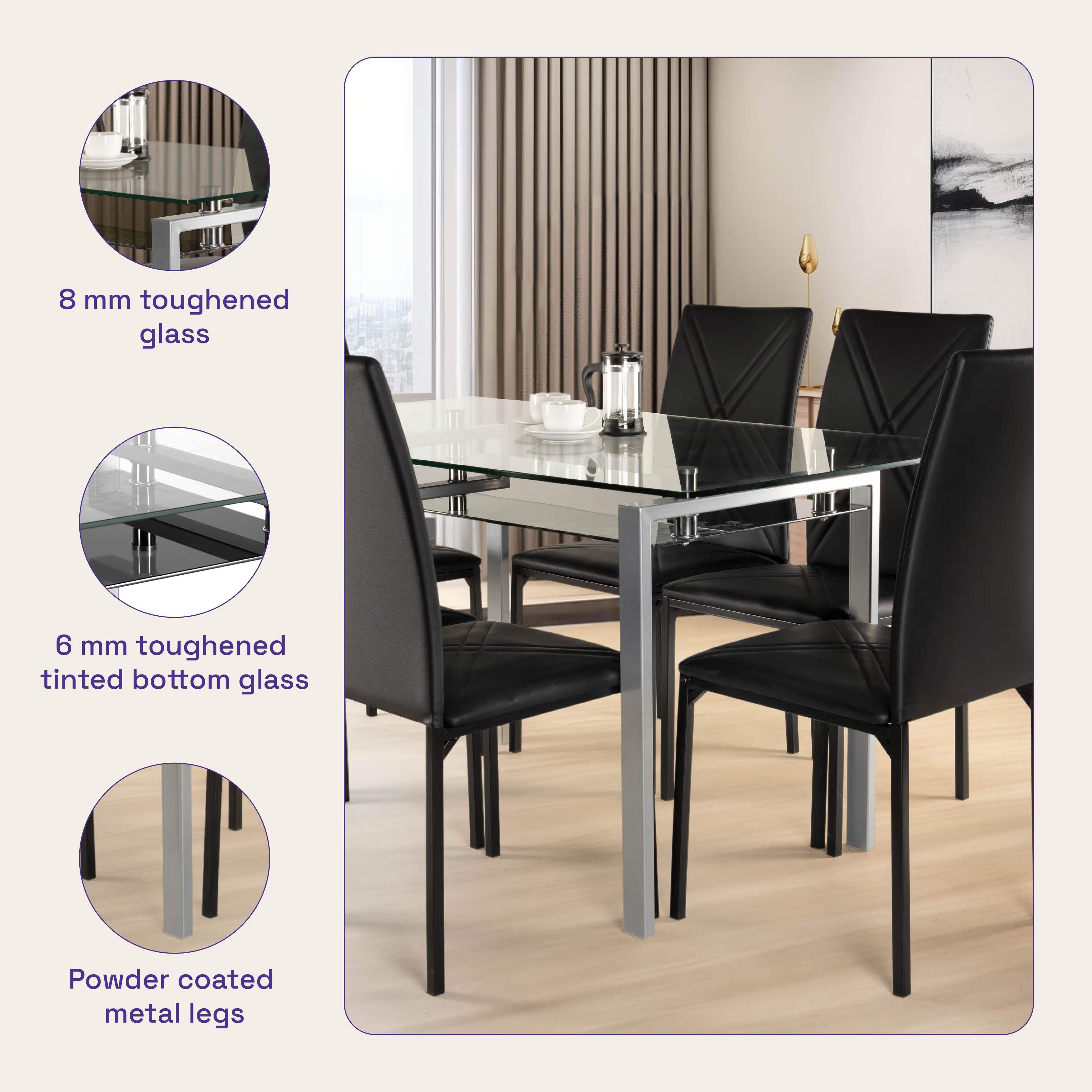 Home 41 Wakefit Vanilla 6 Seater Glass & Metal Dining Set Set of 6, Carbon black
