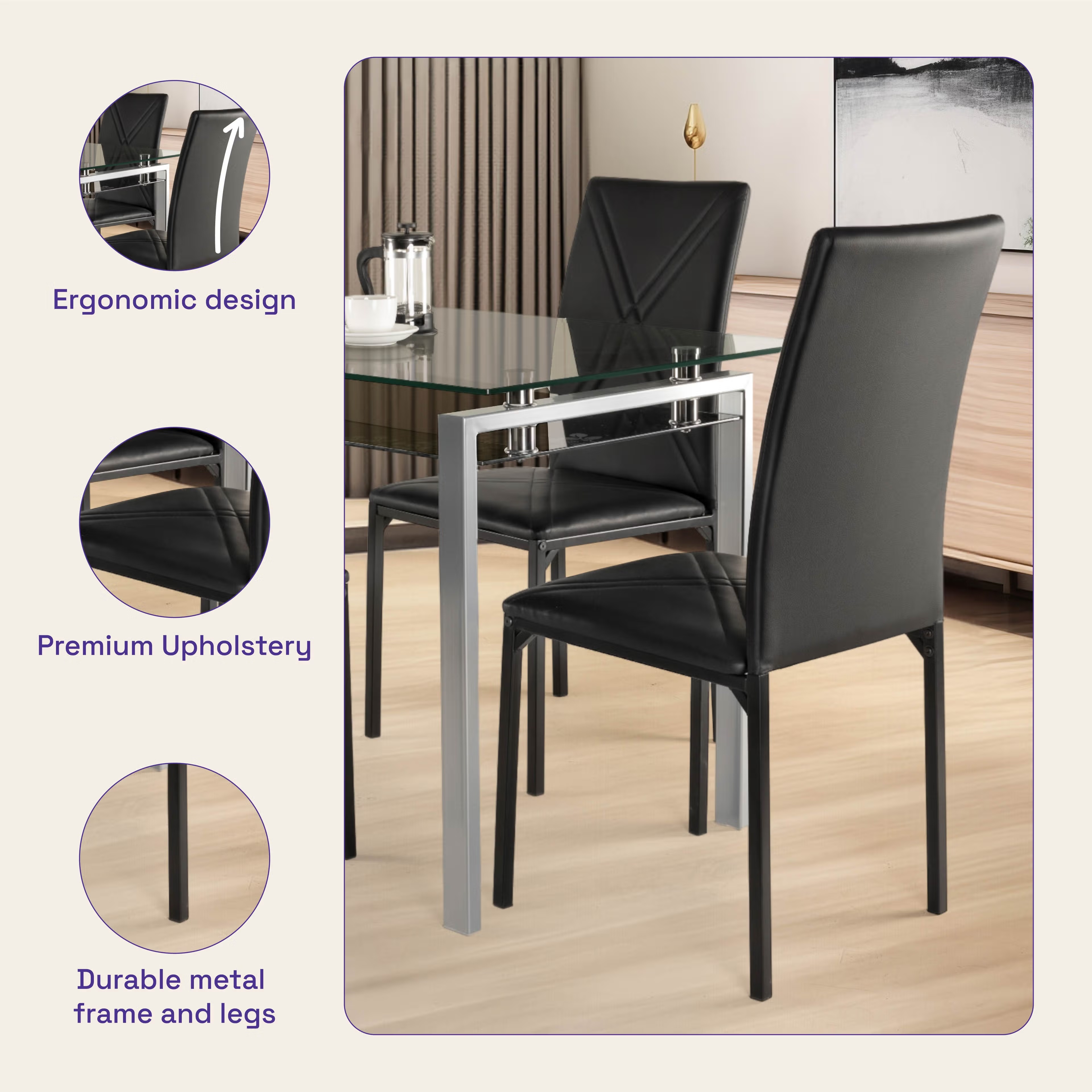 Home 42 Wakefit Vanilla 6 Seater Glass & Metal Dining Set Set of 6, Carbon black
