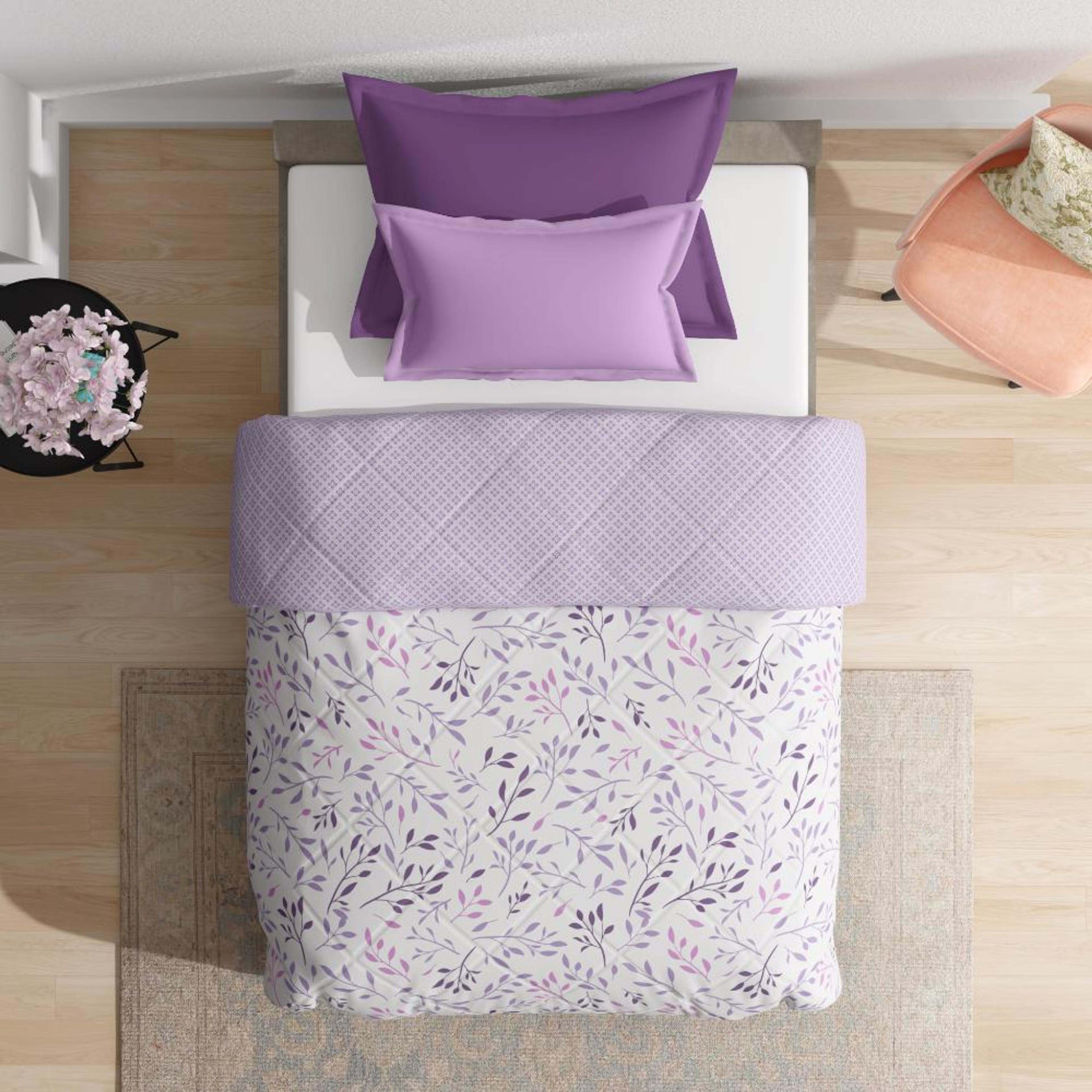 Luxurious Comforter | Single Bed (90x60 Inch) | 100% Cotton Fabric | 220 GSM | Siliconised Microfiber Filling | All Season & Reversible | Lavender Mist 100% Cotton, Single, 220 GSM, Lavender Mist