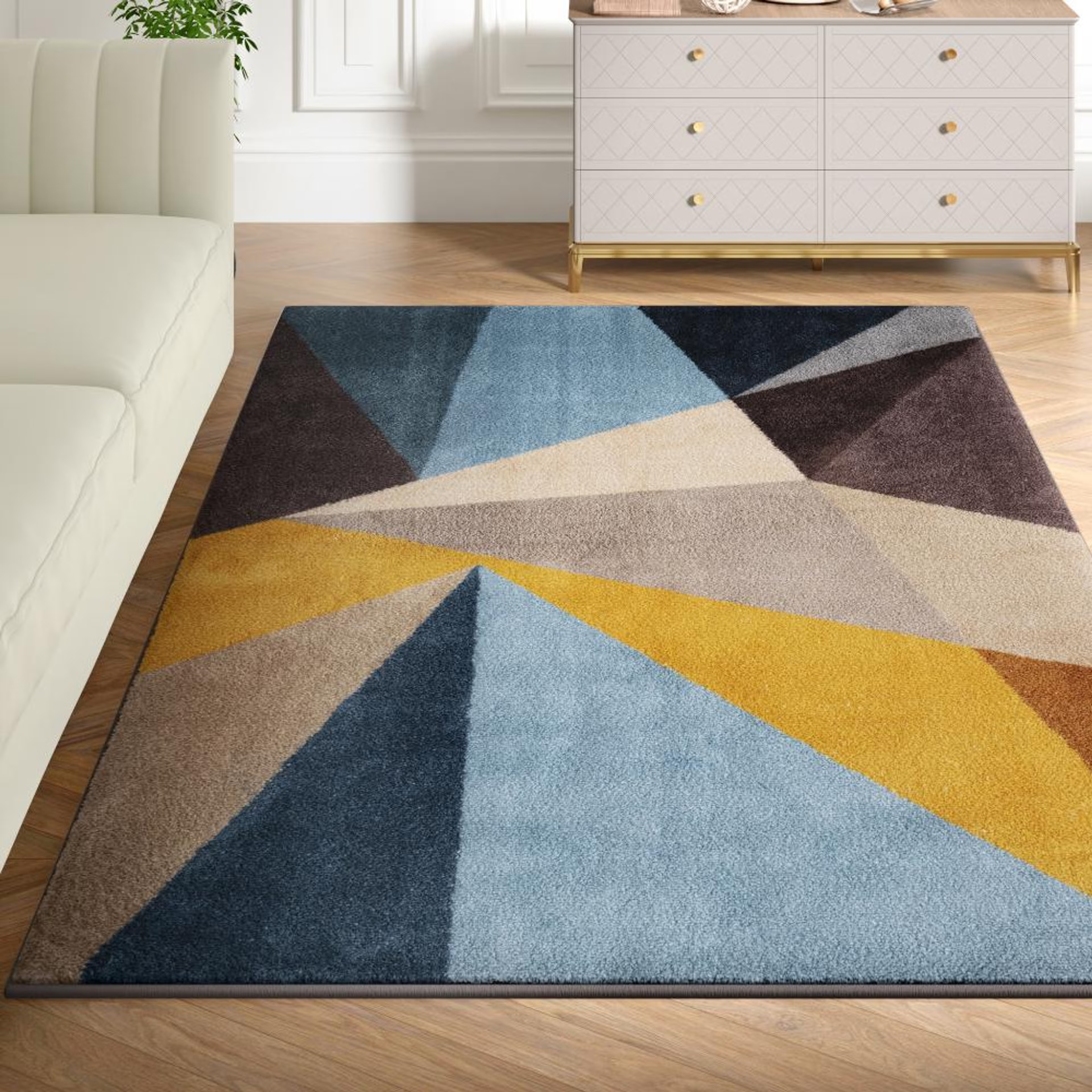 Textured Tufted and Printed Carpet | Rectangular Carpet for Your Living Room & Drawing Room | Soft, Stylish & Durable | 5 x 7 feet | Micro Polyester | Anti Skid Backing | Tikona- Yellow /Blue/Brown 5x7 feet, Tikona