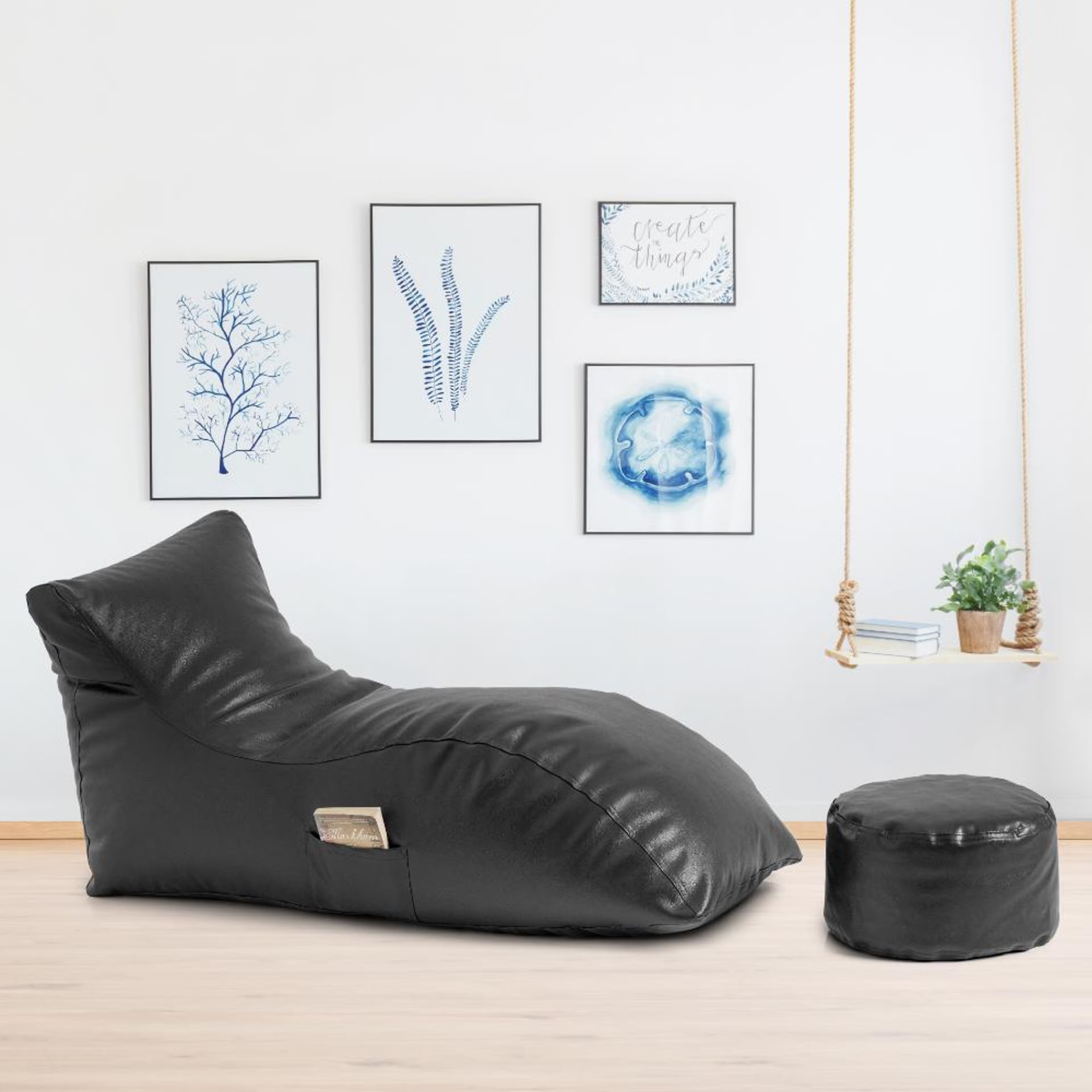 Leatherette Lounger Bean Bag Black with Beans and Footrest | Bean Bag Chair | Cozy & Ideal for Any Space RegularÂ Leatherette, With Beans, With footrest, Black