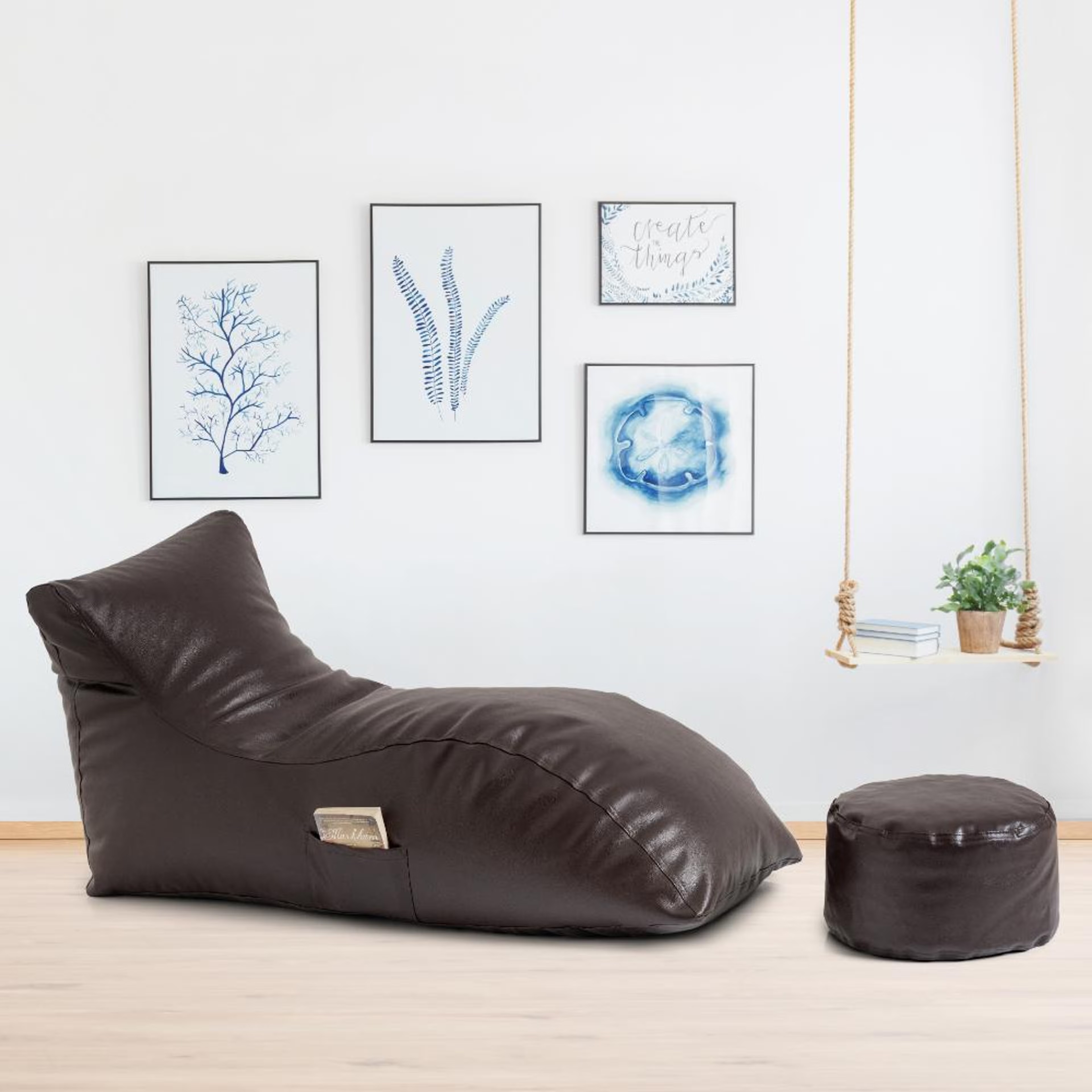 Leatherette Lounger Bean Bag Brown with Beans and Footrest | Bean Bag Chair | Cozy & Ideal for Any Space RegularÂ Leatherette, With Beans, With footrest, Brown