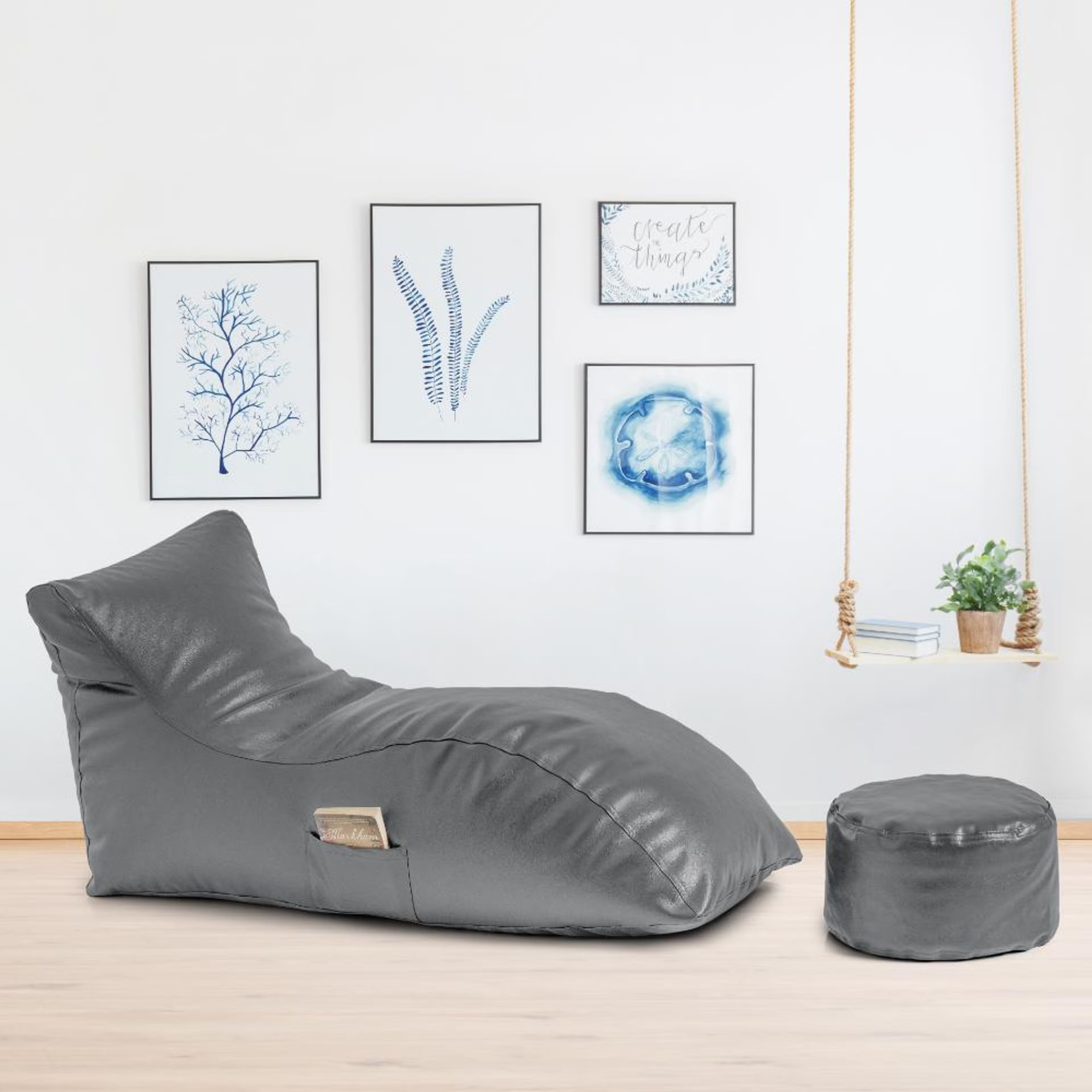 Leatherette Lounger Beanbag Grey with Beans and Footrest | Bean Bag Chair | Cozy & Ideal for Any Space RegularÂ Leatherette, With Beans, With footrest, Grey