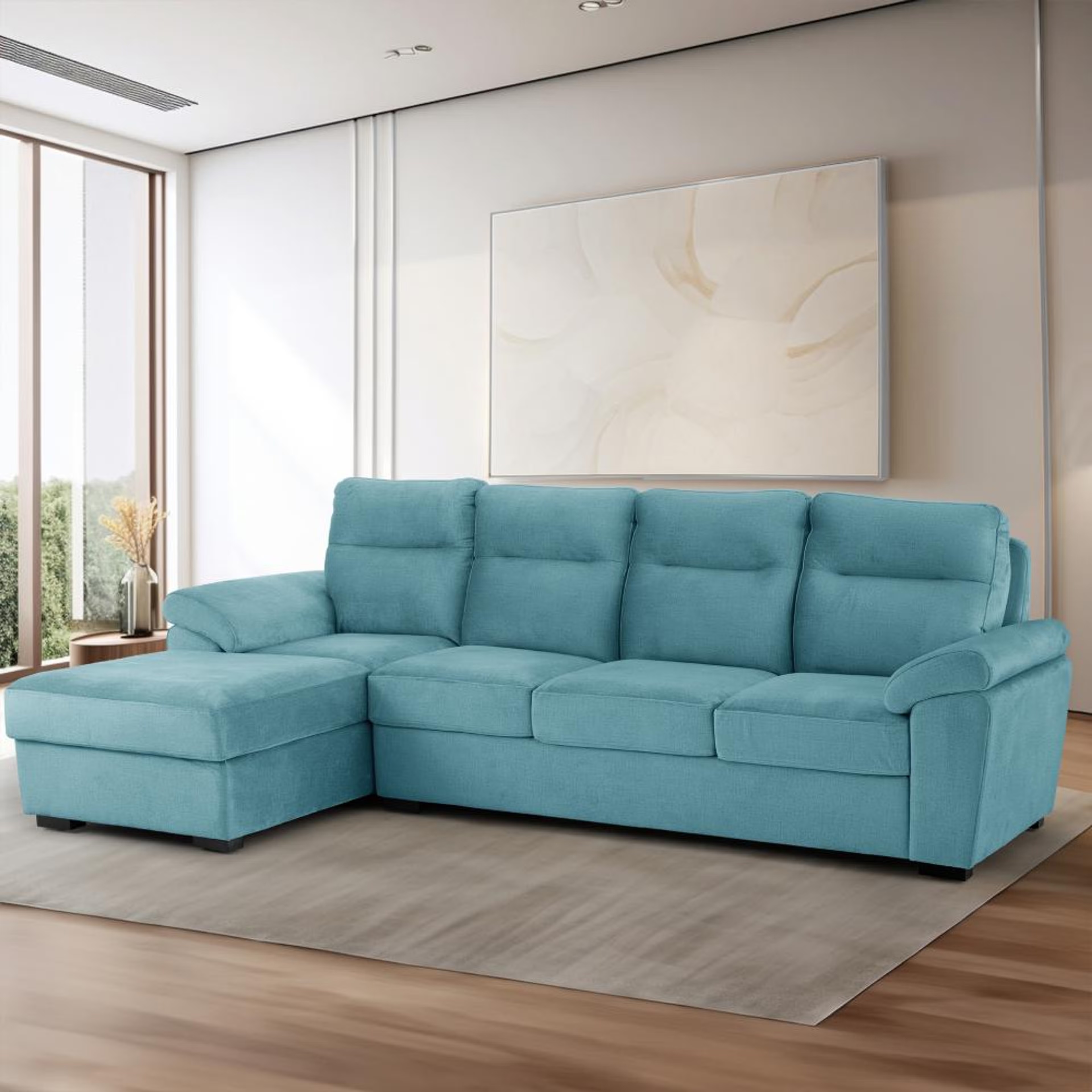 Wakefit Lounger Plus Sofa - (3 Seater +Left Aligned Chaise) Sectional, Set (3 Seater + Left Aligned Chaise), Aqua Blue