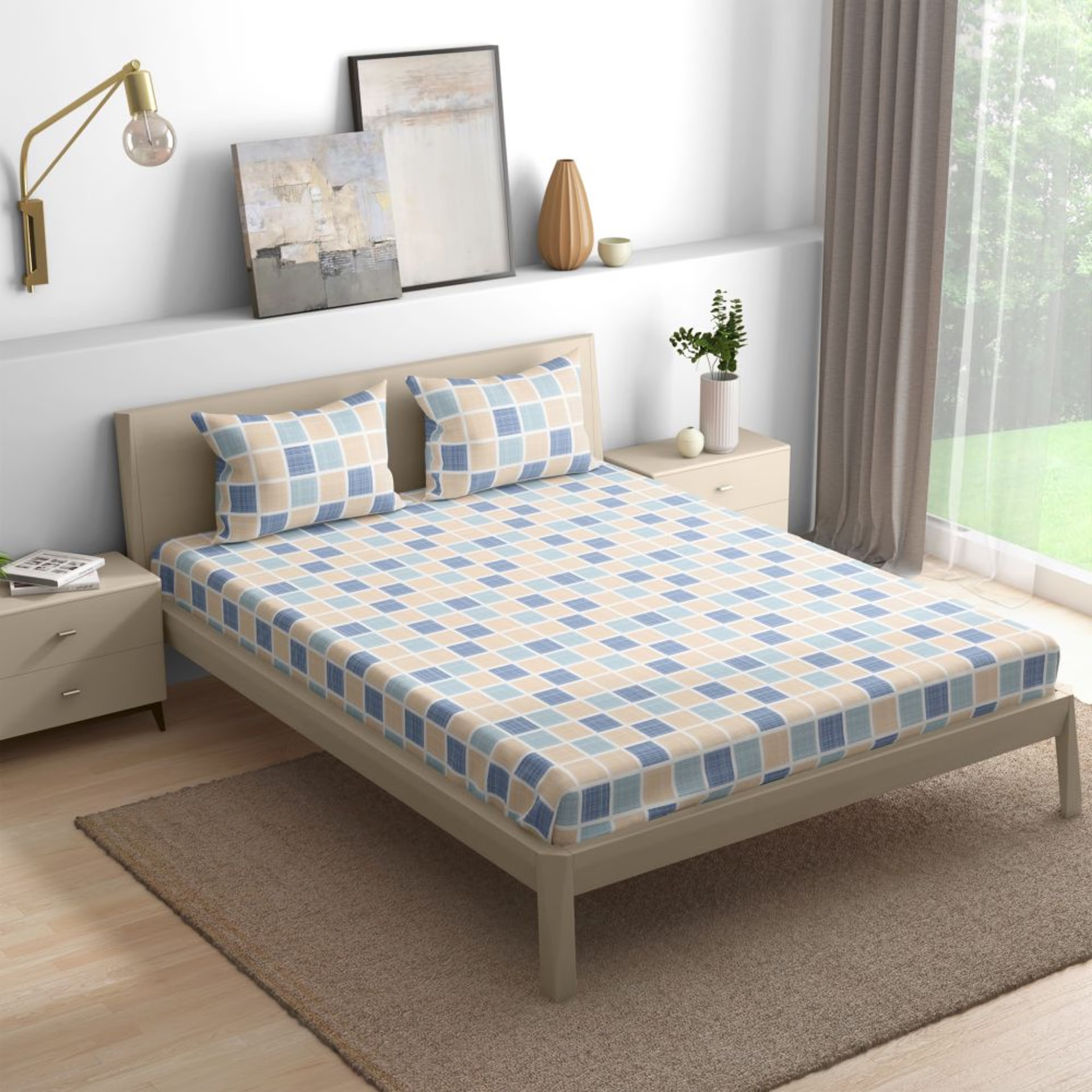 Wakefit 100% Cotton 200 TC Fitted Bedsheet With 2 Pillow Covers | Chekkers King - 84" x 72\