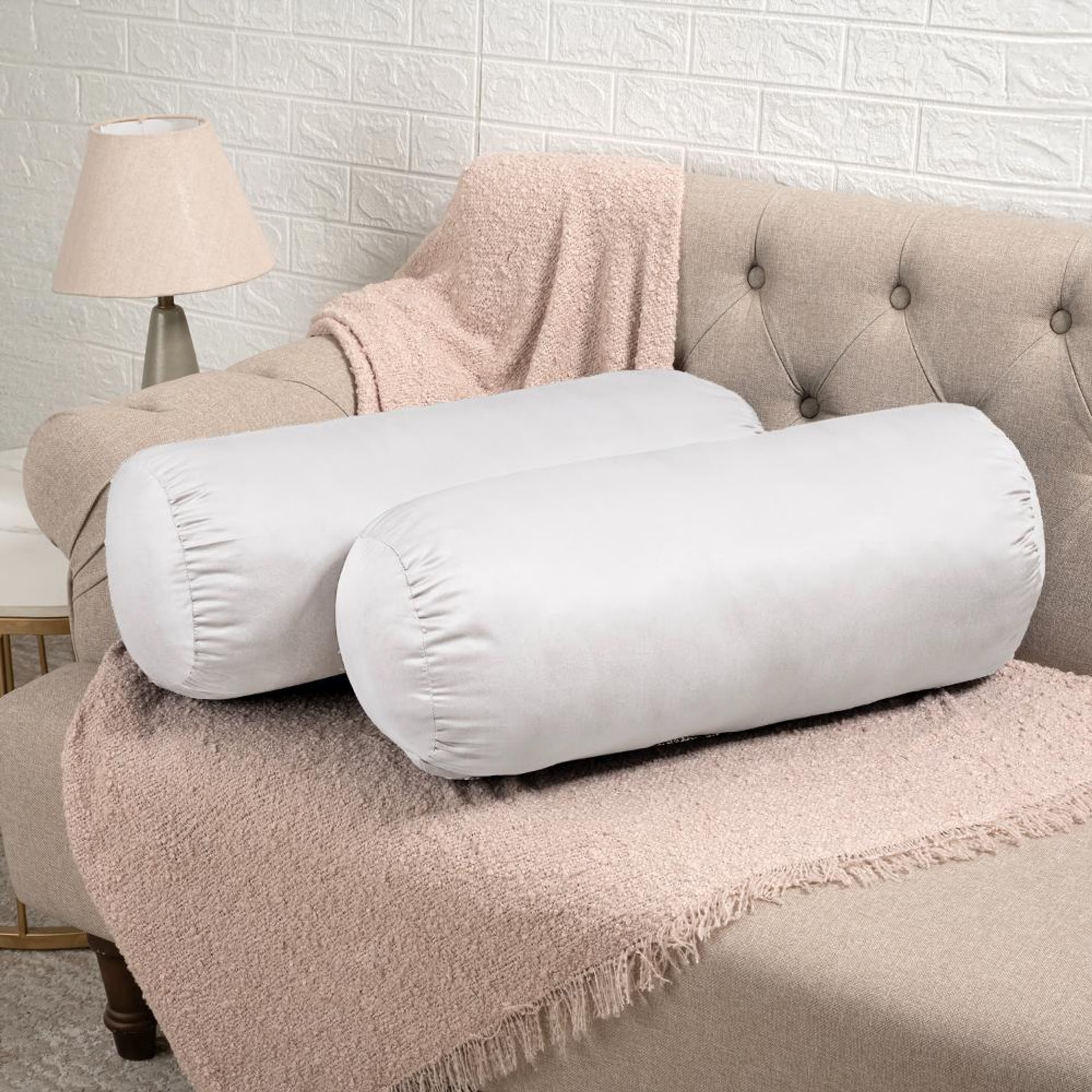 Soft Bolster Pillow | Set of 2 | 25x10 Inch | Hollow Fiber Filling & 100 GSM Peach Finished Fabric | Machine Washable Pillow | For Bed, Sofa & Diwan | White Set of 2, White