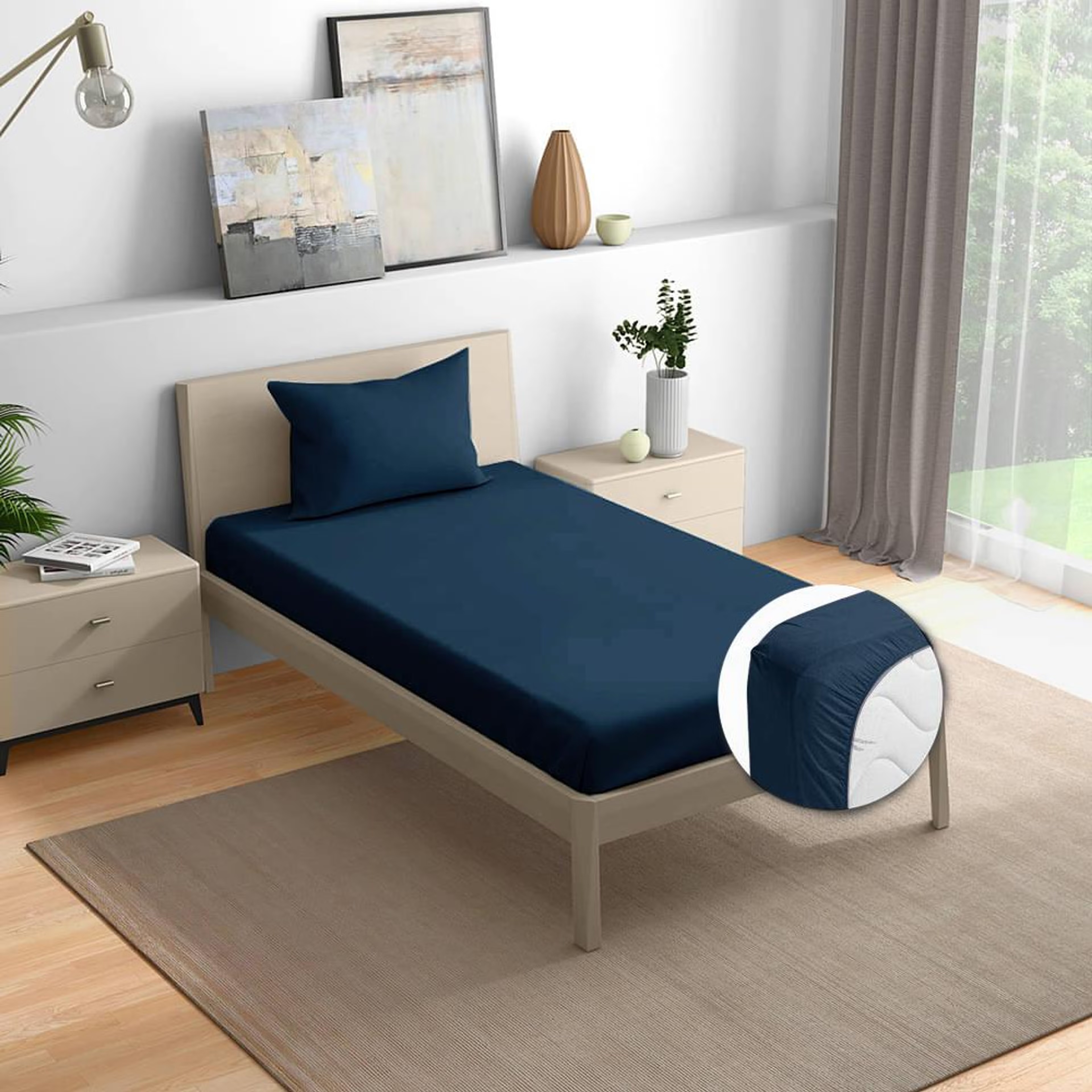 100% Cotton 200 TC Fitted Bedsheet With 1 Pillow Cover | Navy Blue Single - 72" x 36\