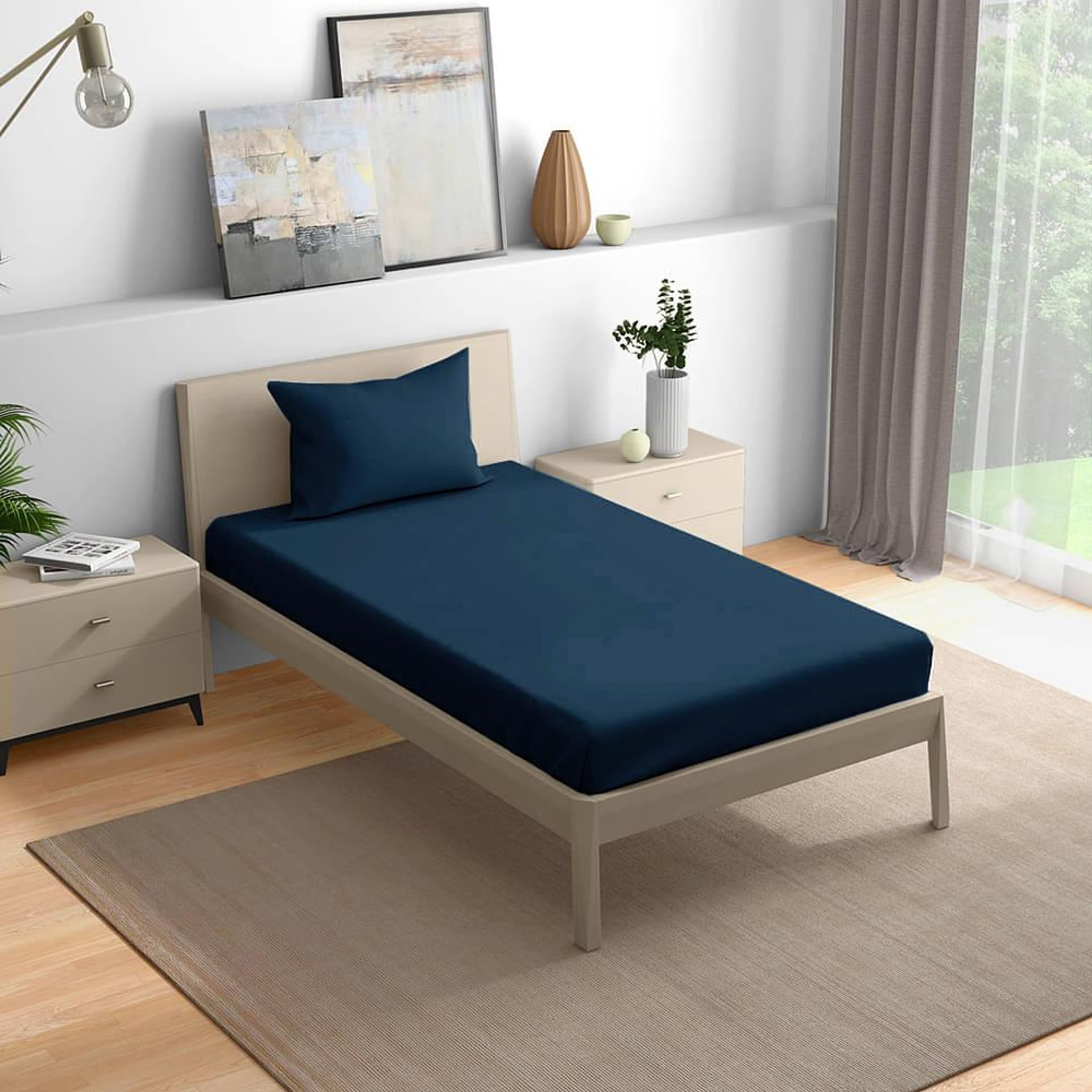 100% Cotton 200 TC Fitted Bedsheet With 1 Pillow Cover | Navy Blue Single - 72" x 36\