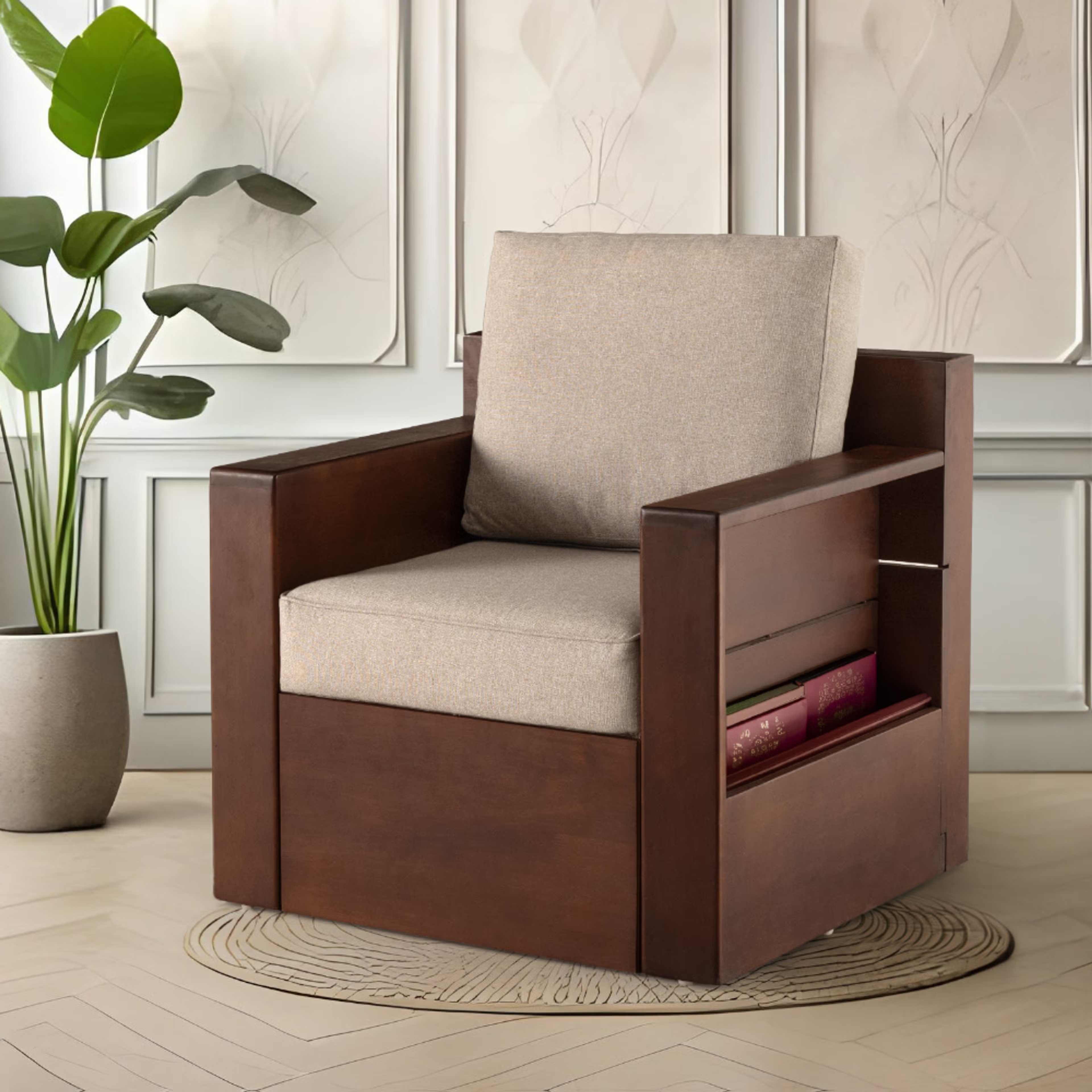 Wakefit Divo 1 Seater Solid wood Sofa Regular, 1 Seater, Omega Pearl, Golden brown
