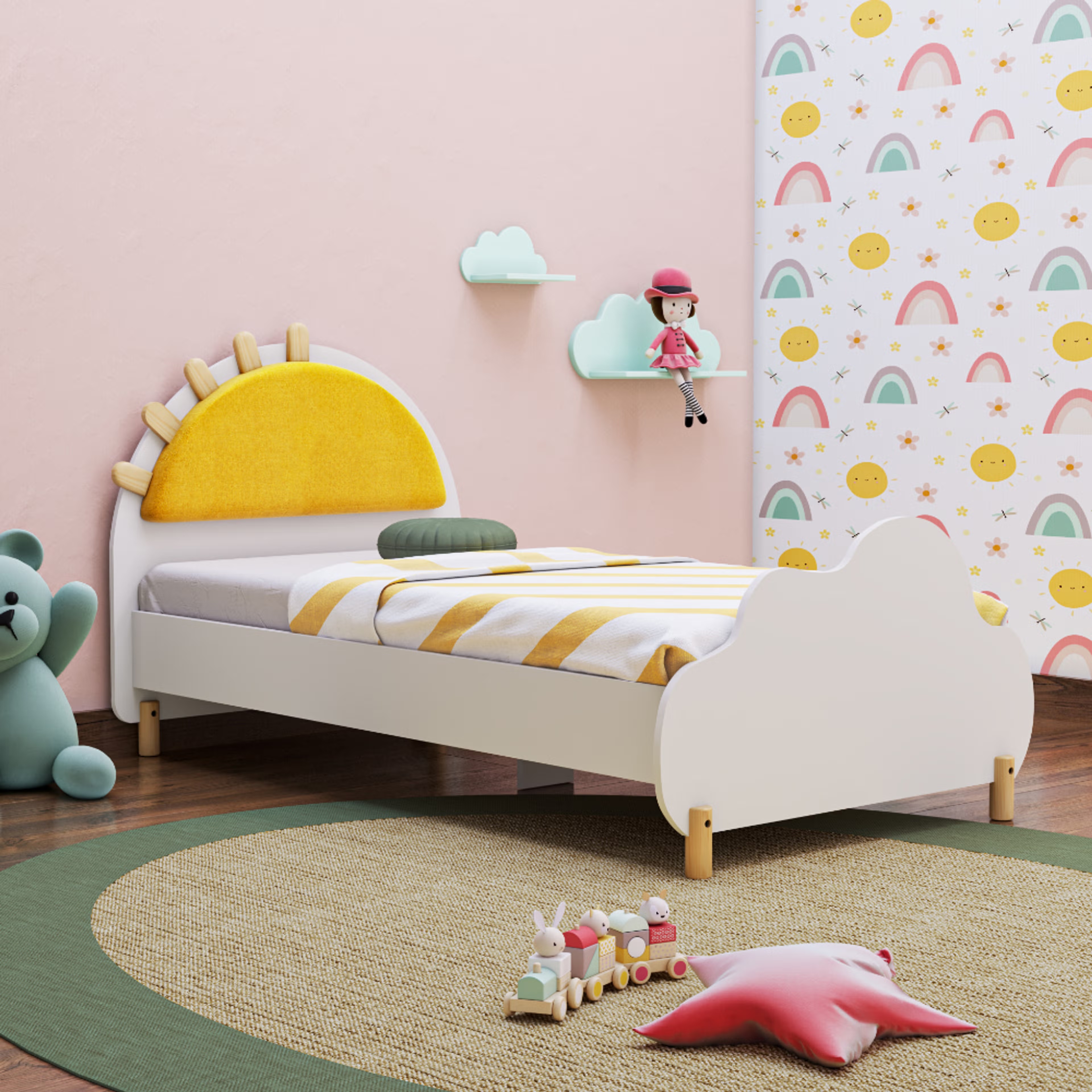 Sunbeam Kids Bed | (72x36 inch) | (White & Yellow) | Sturdy Engineered Wood Single Bed for Kids Room Single - 72" x 36" - 1.83m x 91.4cm
