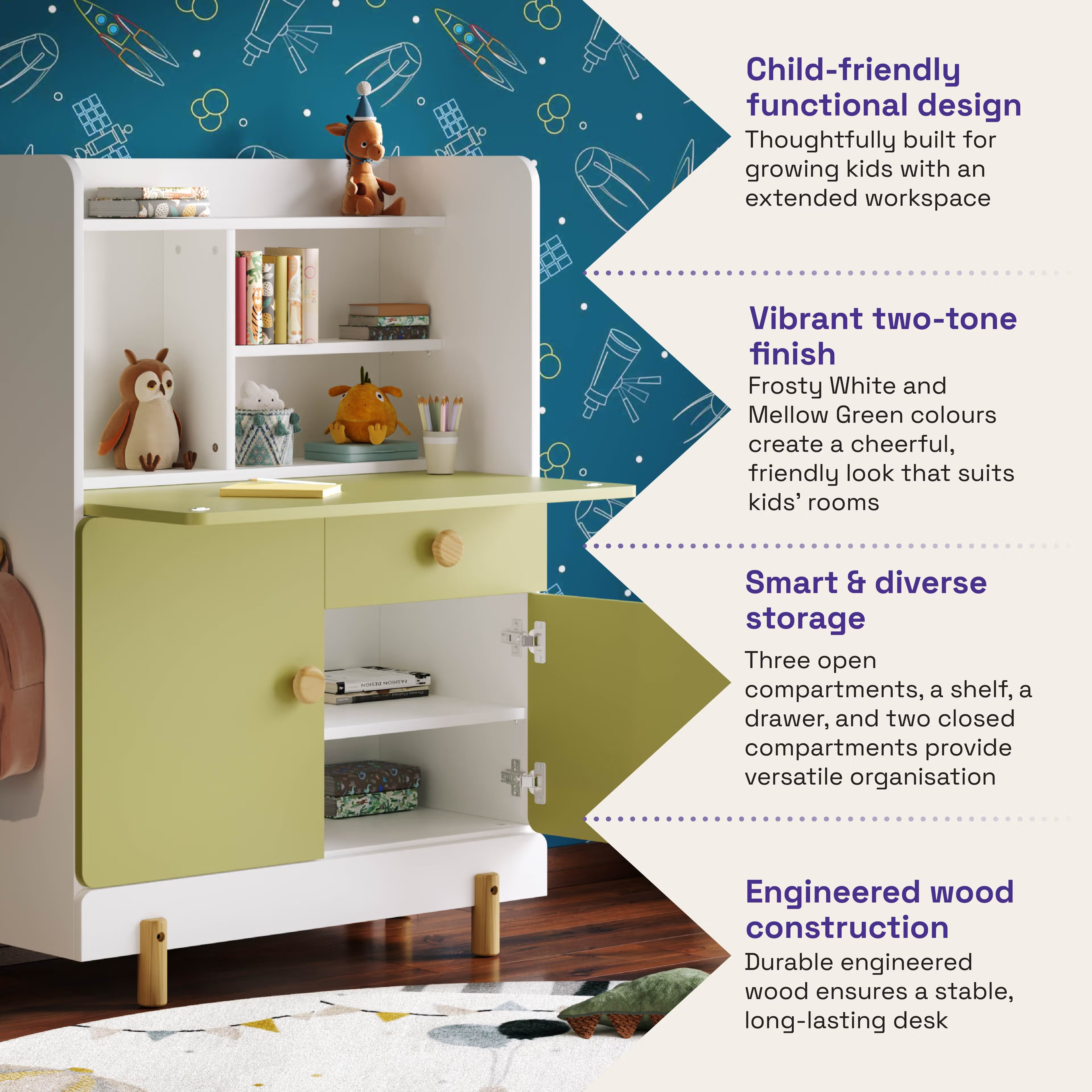 Meg Kids Study Table | (36x15 inch) | (Frosty White & Mellow Green) | Durable Wooden Study Desk for School Kids