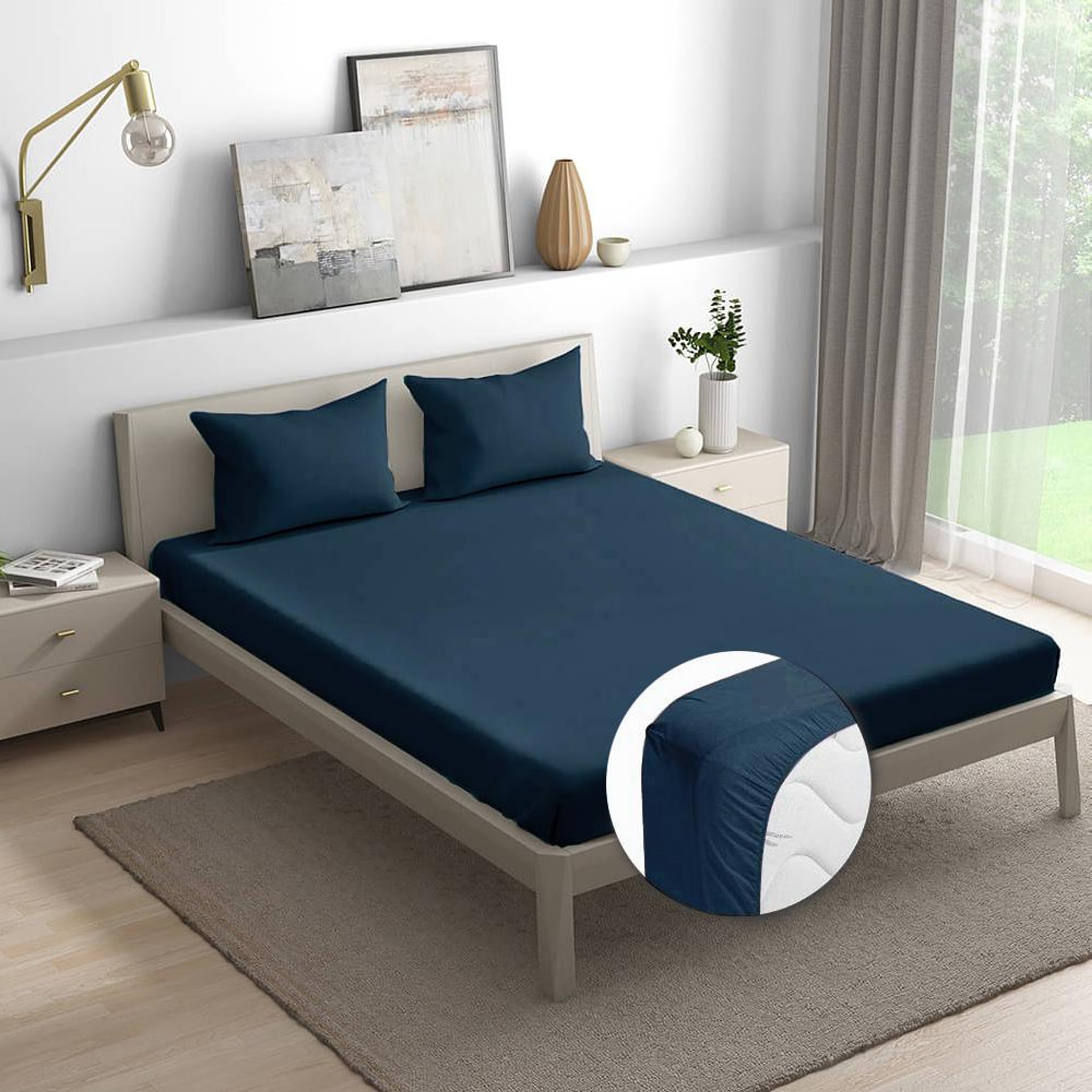 Home 38 100% Cotton 200 TC Fitted Bedsheet With 2 Pillow Covers | Navy Blue Queen - 78" x 60\