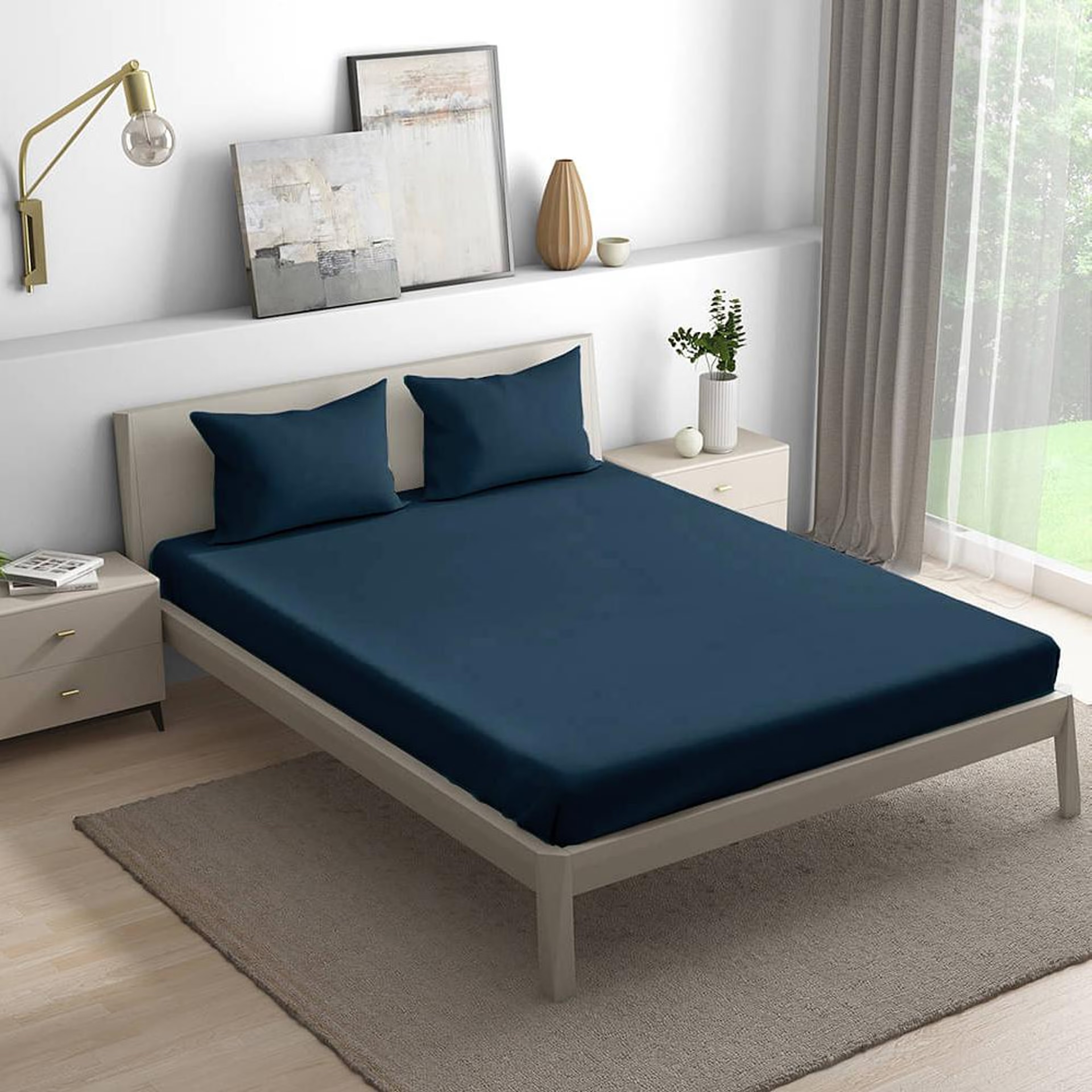 100% Cotton 200 TC Fitted Bedsheet With 2 Pillow Covers | Navy Blue King - 84" x 72\