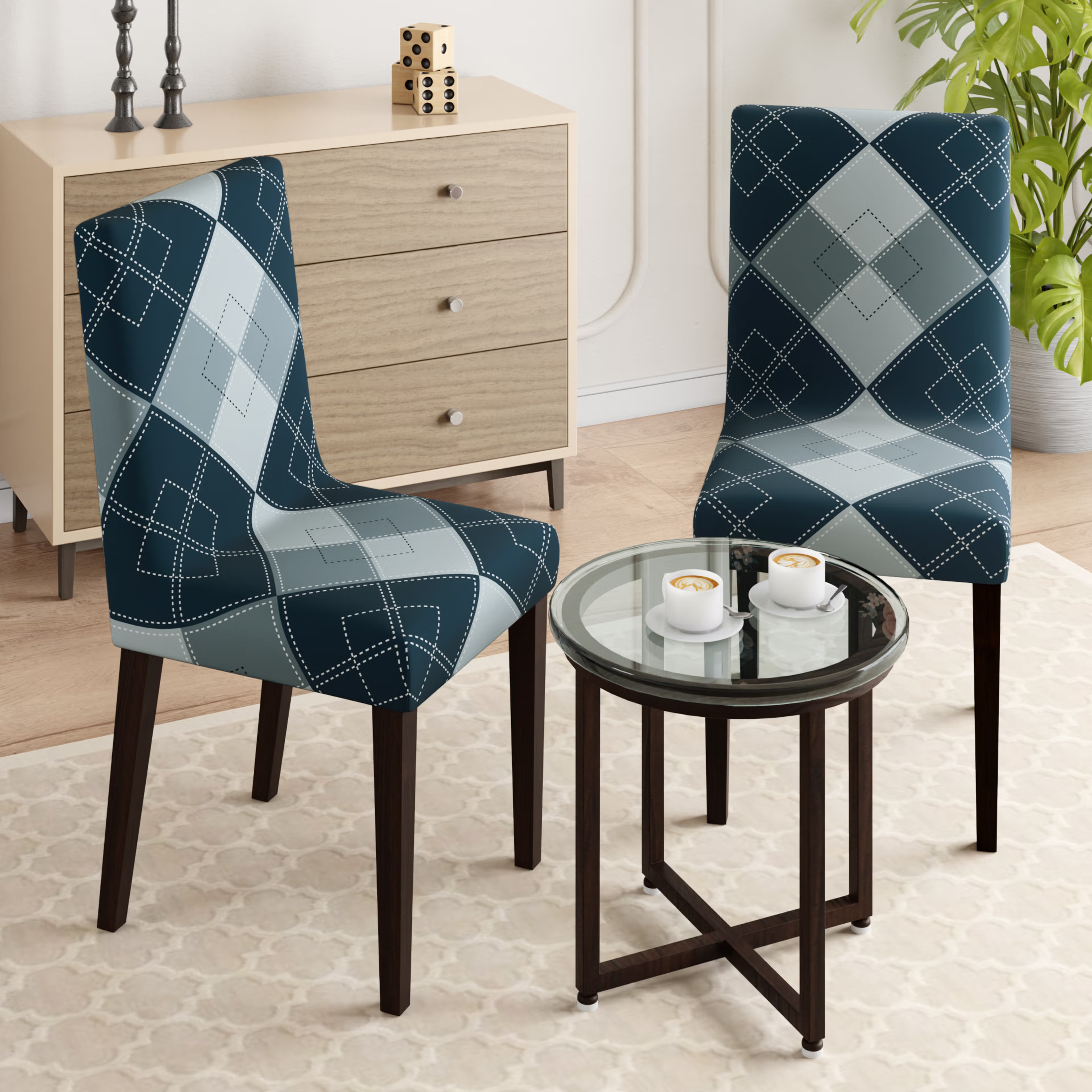 Printed Chair Cover | Elastic Stretchable Dining table Chair Cover 2 seater | Removable & Washable Slip Cover | Chair Seat Protector&nbsp;|&nbsp;Checko | Set of 2 Set Of 2, Checko