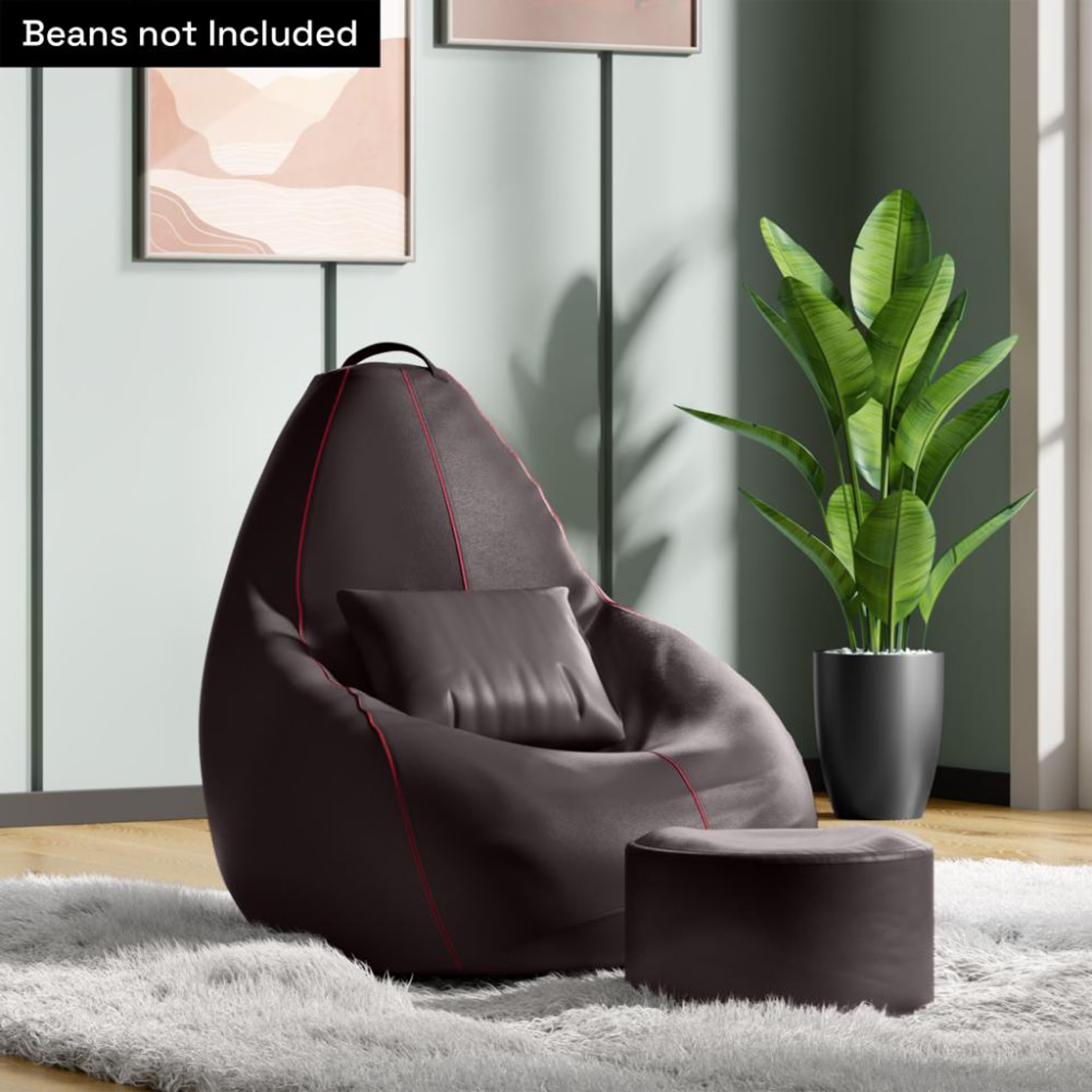3XL Bean Bag Cover With Footrest & Cushion All Without Beans | Original Leatherette | Brown With Red Piping | Bean Bag Chair | Cozy & Ideal for Any Space Original, XXXL, Without Beans, With footrest, With cushion, Brown with Red Piping