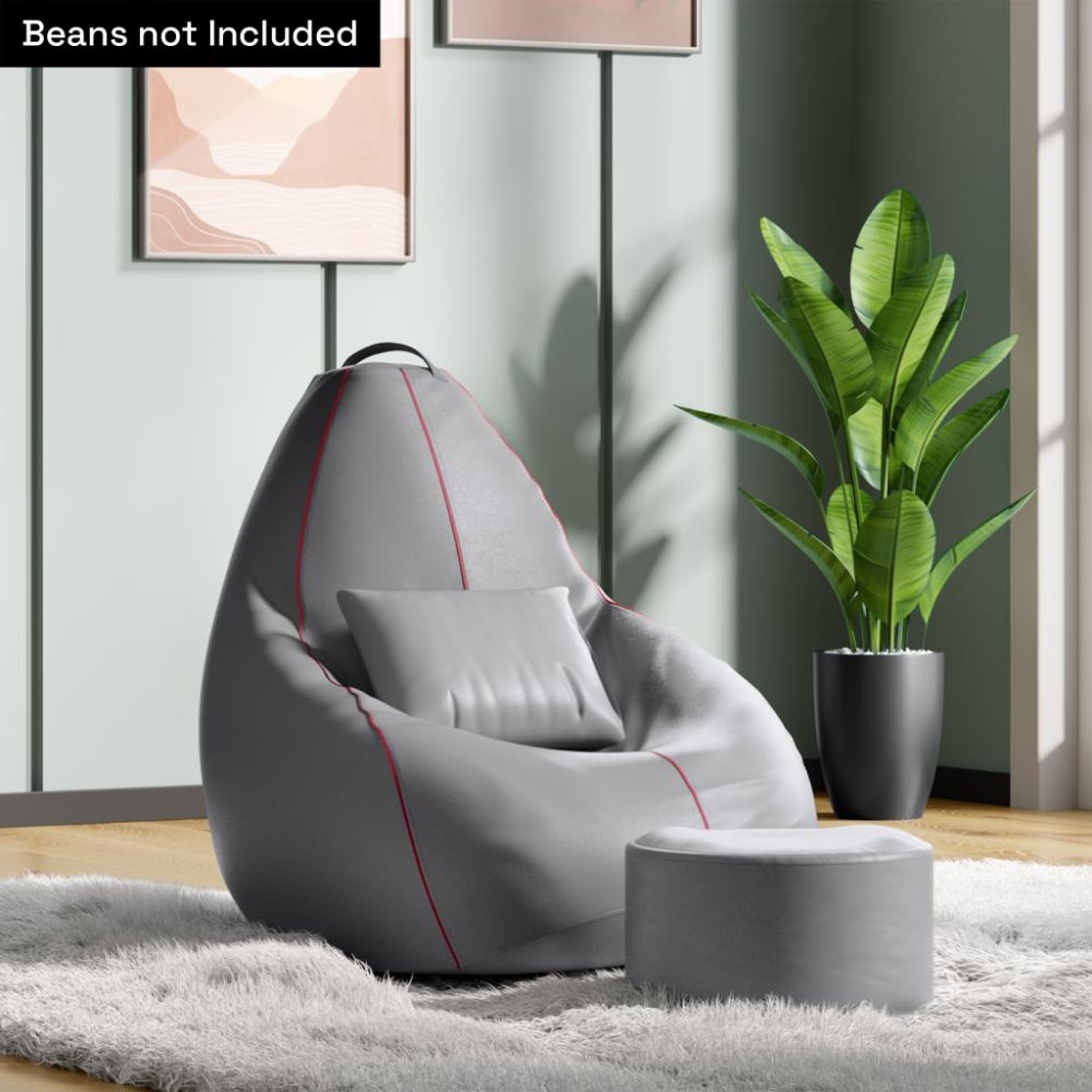 3XL Bean Bag Cover With Footrest & Cushion All Without Beans | Original Leatherette | Grey With Red Piping | Bean Bag Chair | Cozy & Ideal for Any Space Original, XXXL, Without Beans, With footrest, With cushion, Grey with Red Piping