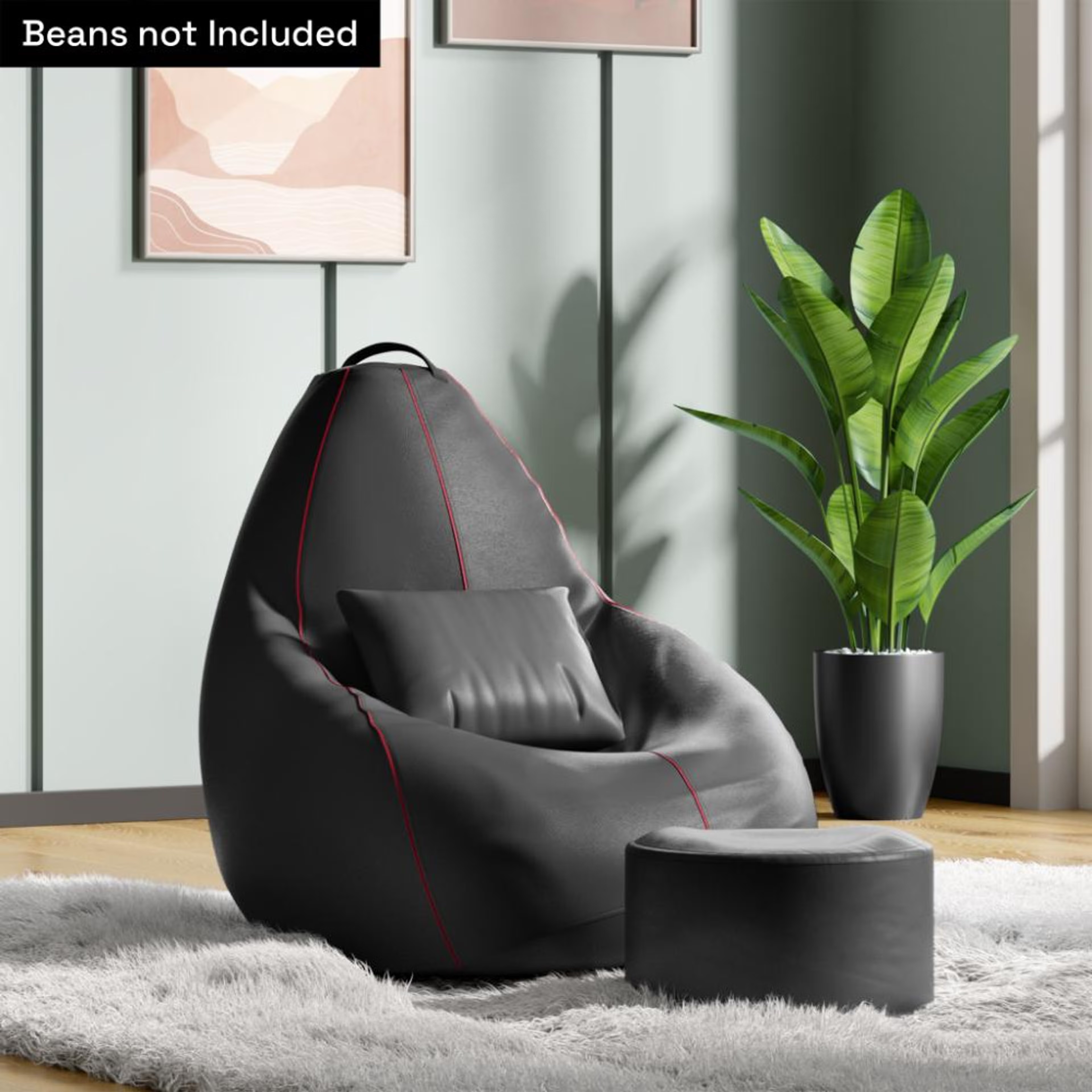 3XL Bean Bag Cover With Footrest & Cushion All Without Beans | Original Leatherette | Black With Red Piping | Bean Bag Chair | Cozy & Ideal for Any Space Original, XXXL, Without Beans, With footrest, With cushion, Black with Red Piping