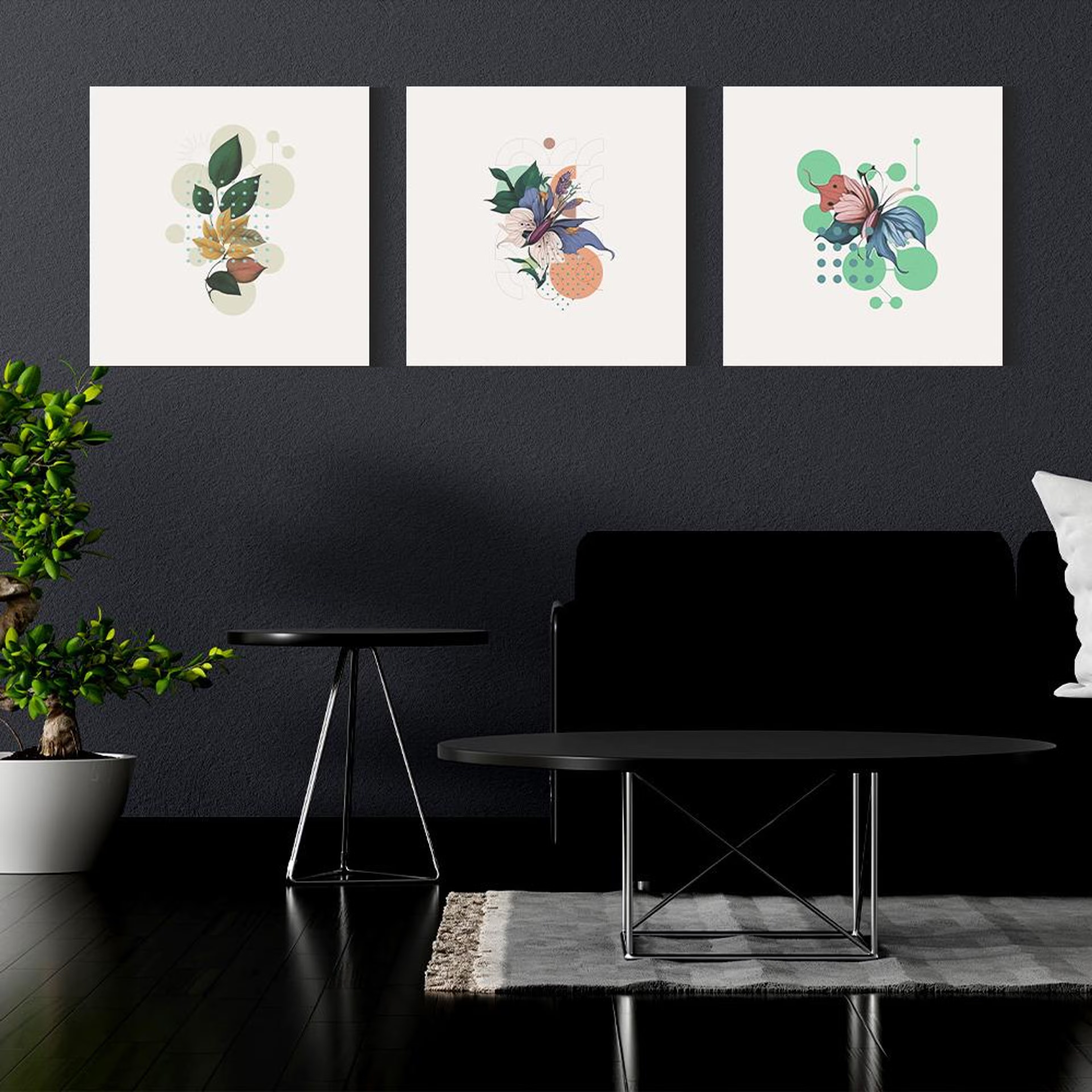 Home 45 Canvas Wall Painting | 8x8 Inch | Set of 3 | For Living Room, Bedroom & Office Decor | Gifting Option | Butterfly Ballet Trio 8 inch, Set of 3