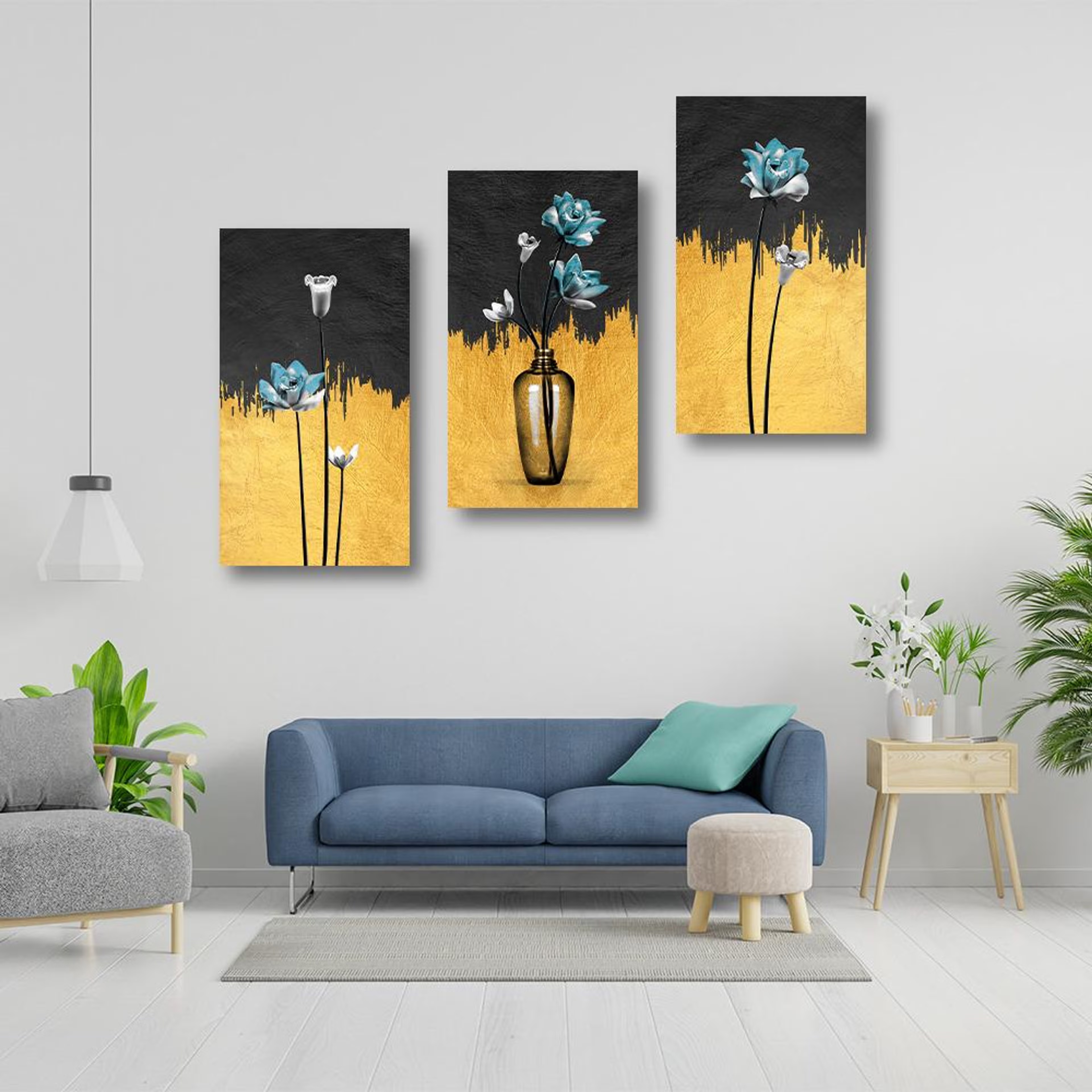 Canvas Wall Painting | 6x12 Inch | Set of 3 | For Living Room, Bedroom & Office Decor | Gifting Option | Turquoise Blosom 6 inch, Set of 3