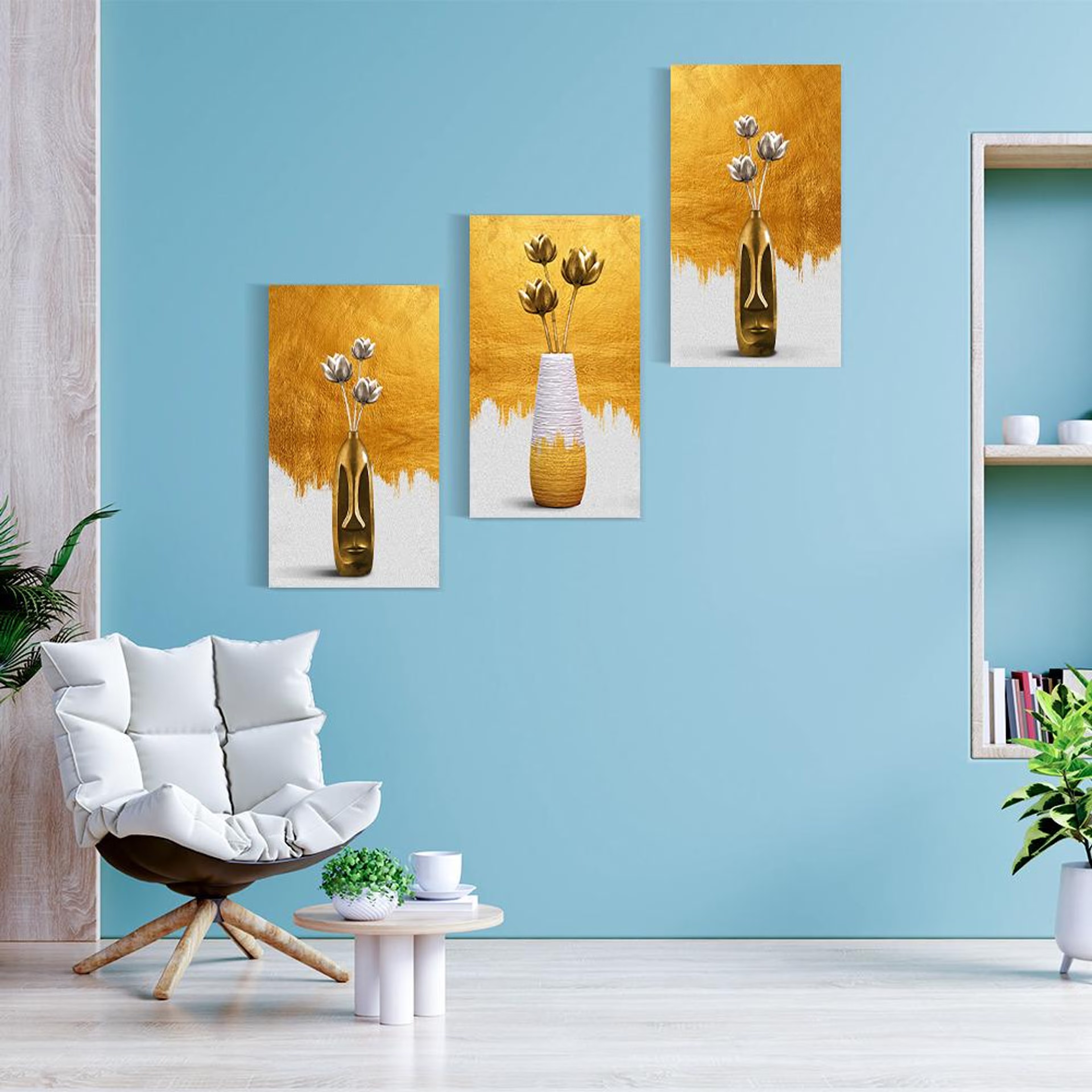 Home 36 Canvas Wall Painting | 10x18 Inch | Set of 3 | For Living Room, Bedroom & Office Decor | Gifting Option | Metallic Floral Trio 10 inch, Set of 3