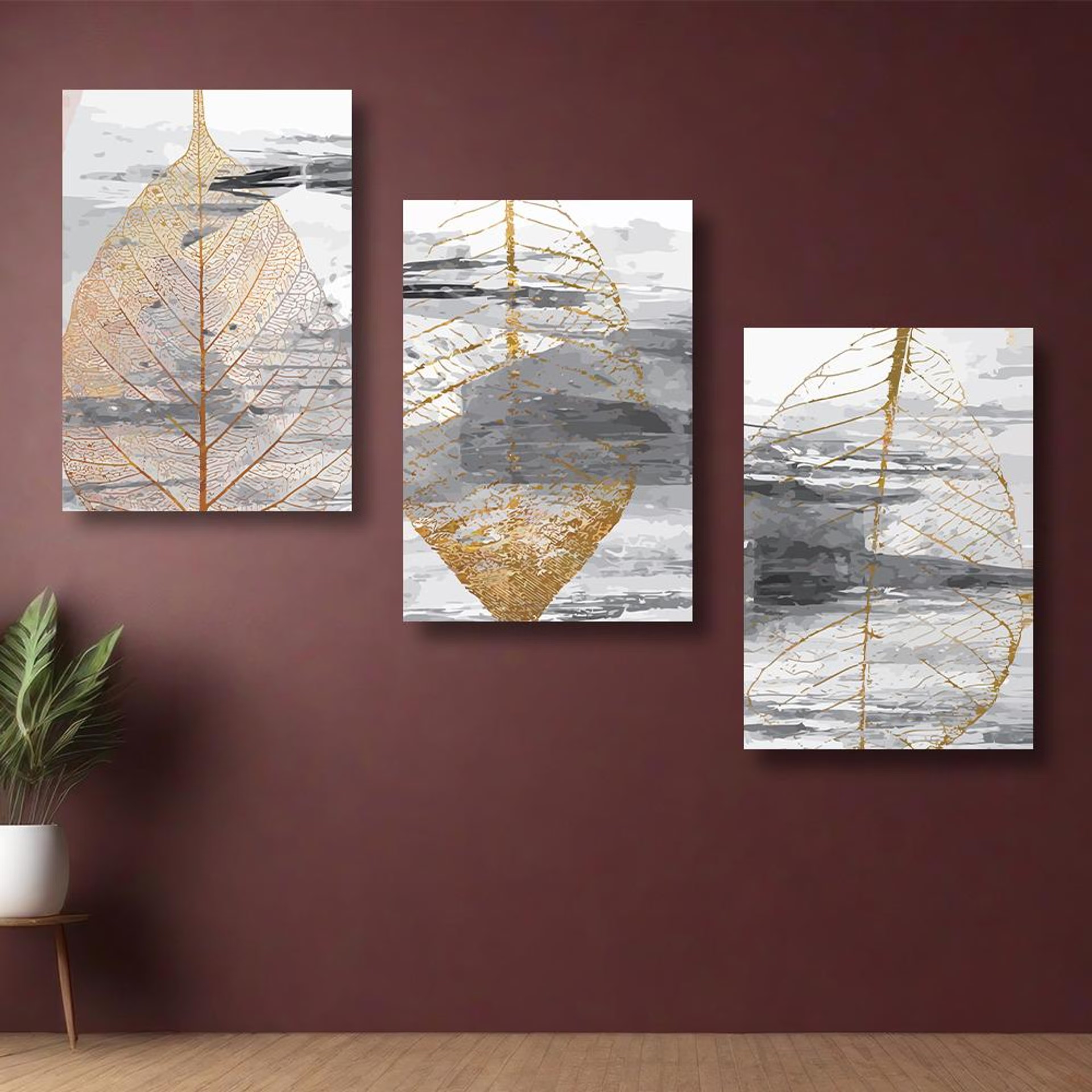 Canvas Wall Painting | 24x36 Inch | Set of 3 | For Living Room, Bedroom & Office Decor | Gifting Option | Abstract Leaves Impression 24 inch, Set of 3
