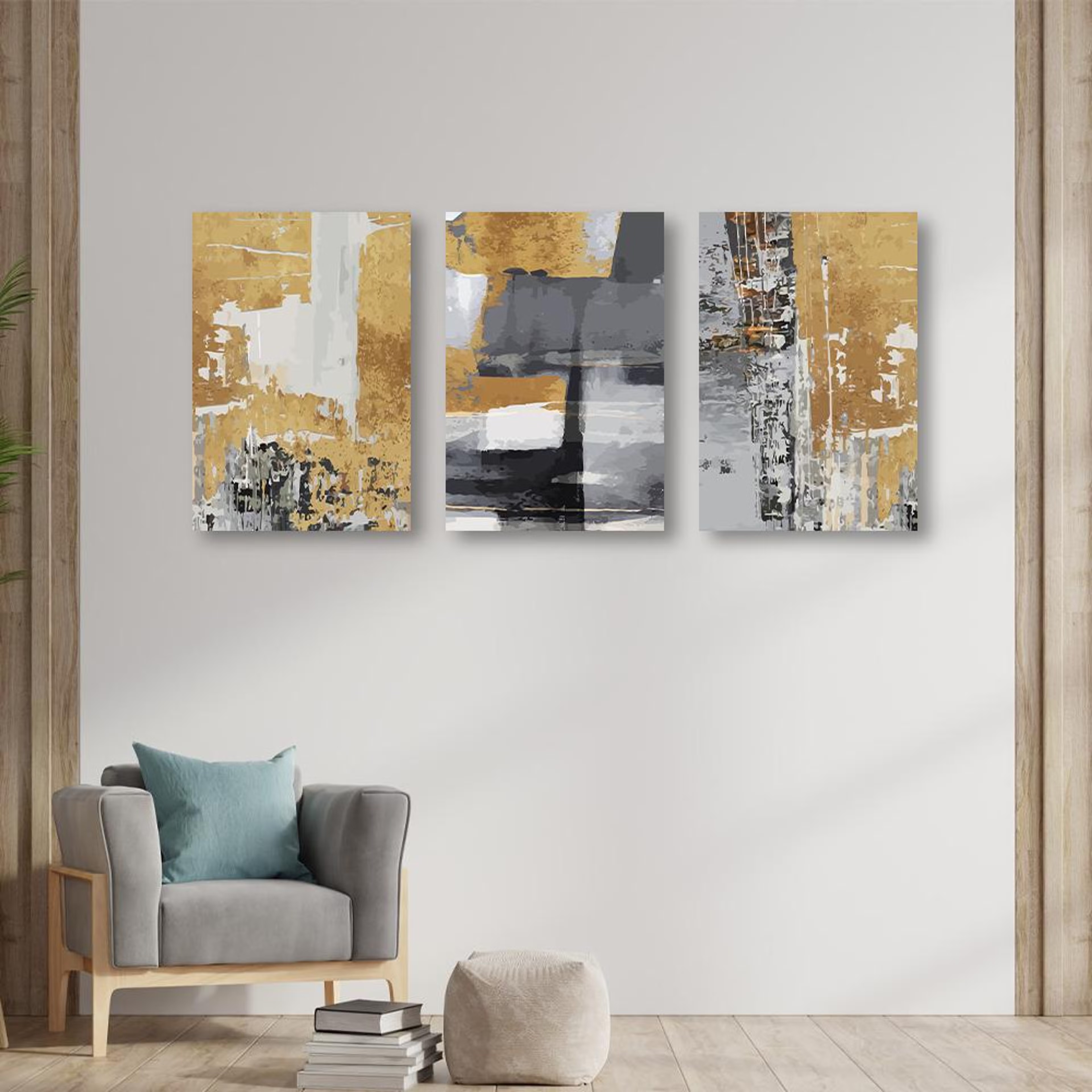 Home 31 Canvas Wall Painting | 24x36 Inch | Set of 3 | For Living Room, Bedroom & Office Decor | Gifting Option | Gilded Abstraction Trio 24 inch, Set of 3