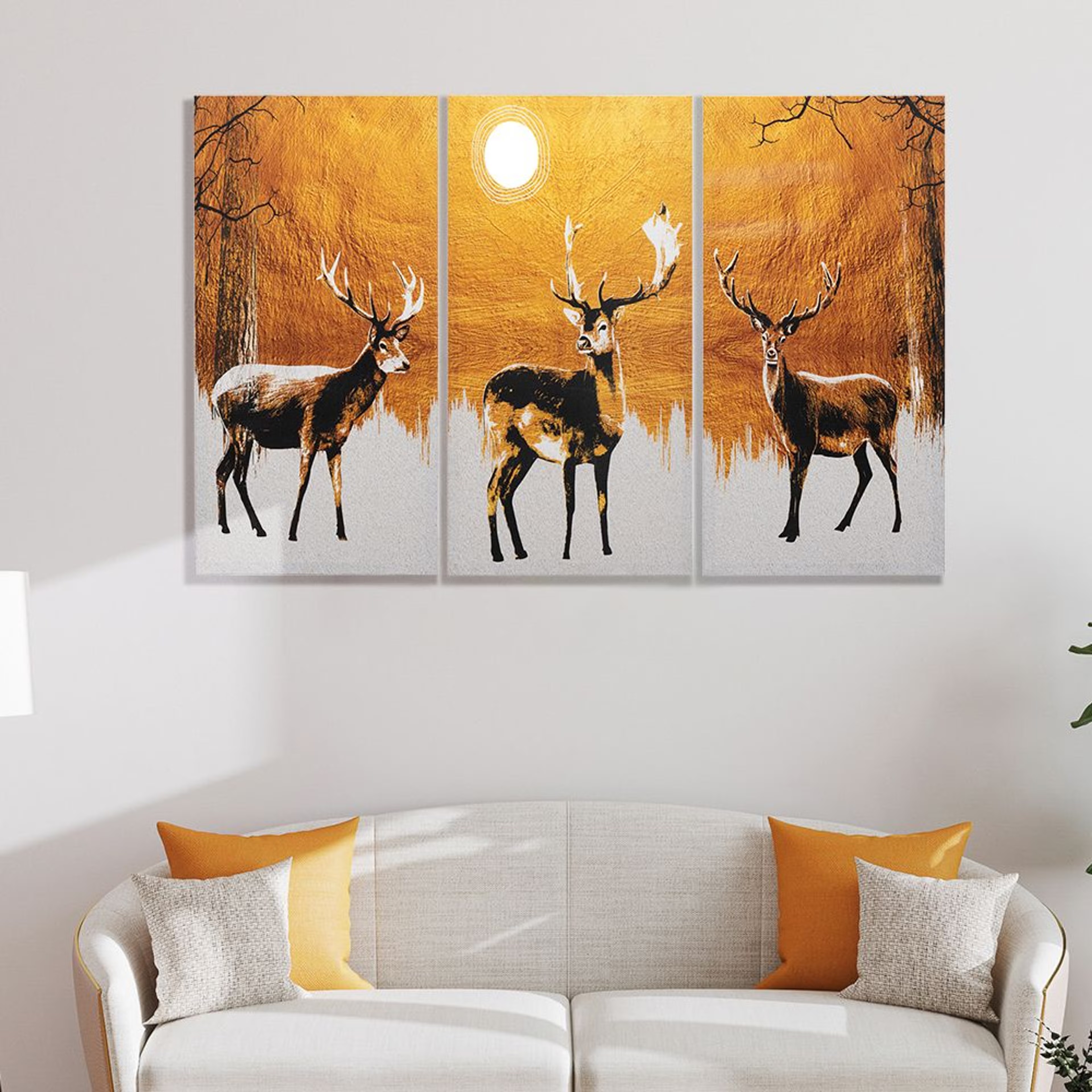 Canvas Wall Painting | 48x30 Inch | Set of 3 | For Living Room, Bedroom & Office Decor | Gifting Option | Reindeers in Moonlight 48 x 30 inch, Set of 3