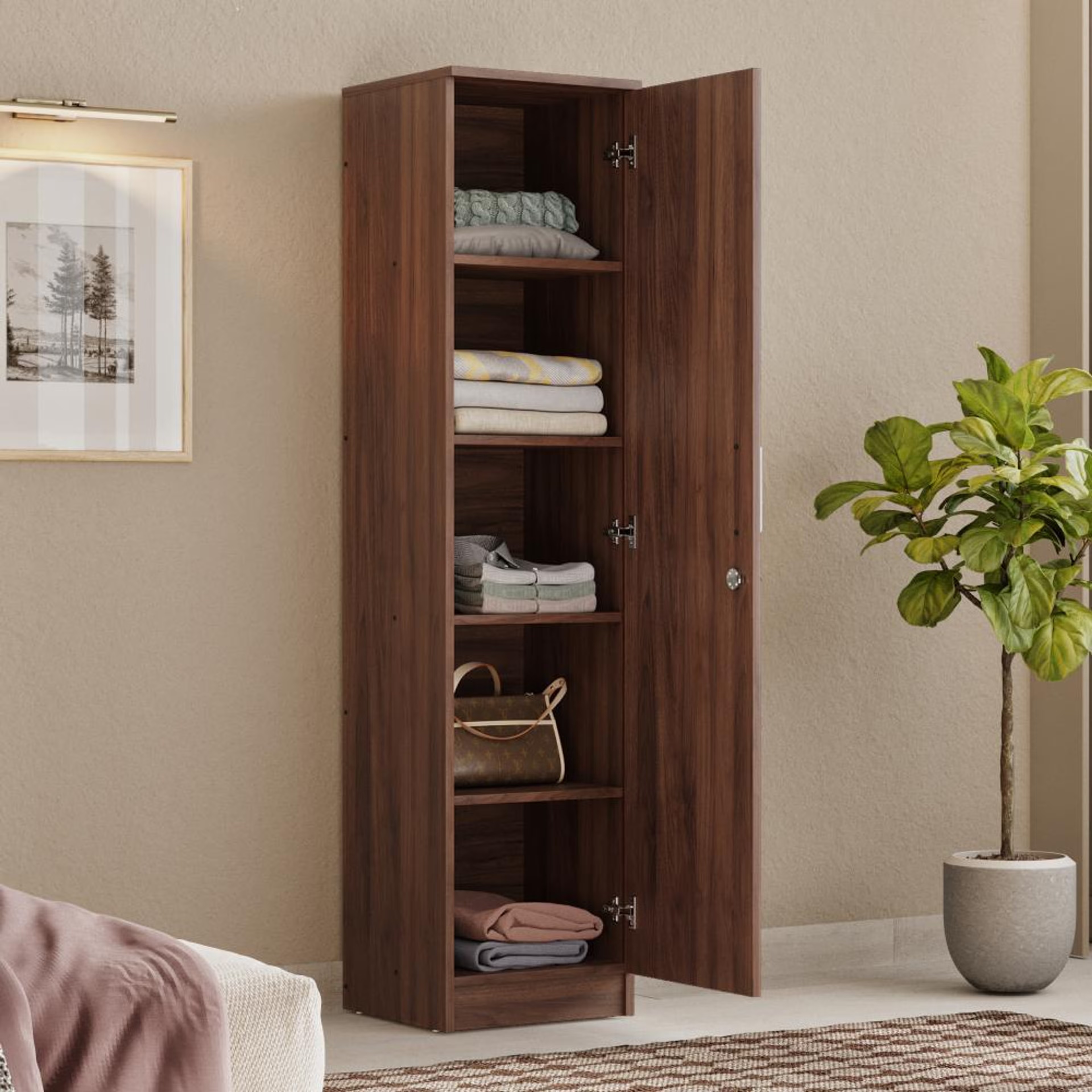 Hunor 1 Door Wardrobe with shelves | Without Mirror | (Columbia walnut) 1 Door, Without Mirror, Columbia walnut