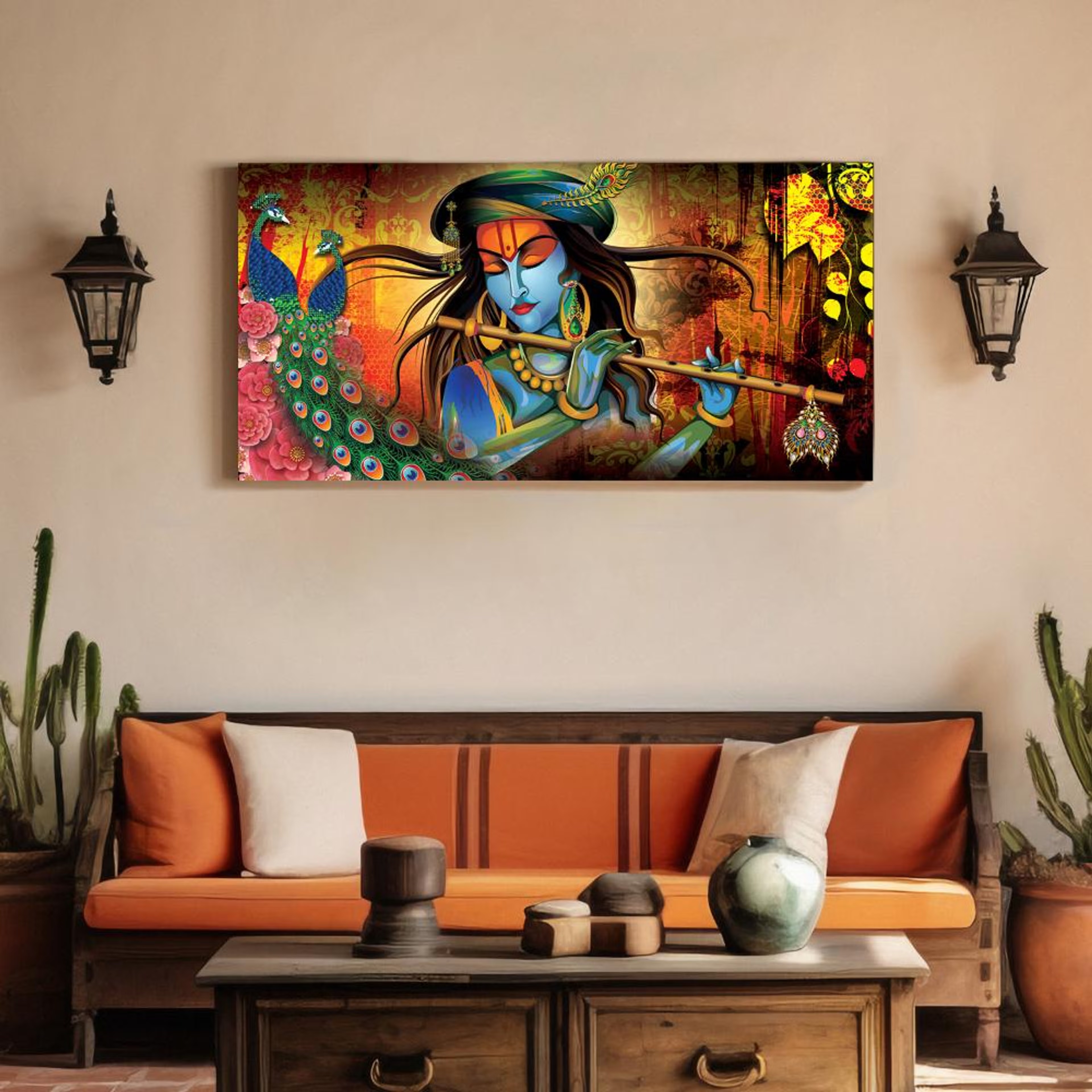 Canvas Wall Painting | 49x25 Inch | Set of 1 | For Living Room, Bedroom & Office Decor | Gifting Option | Krishna in Vrindavan 48 inch, Set of 1