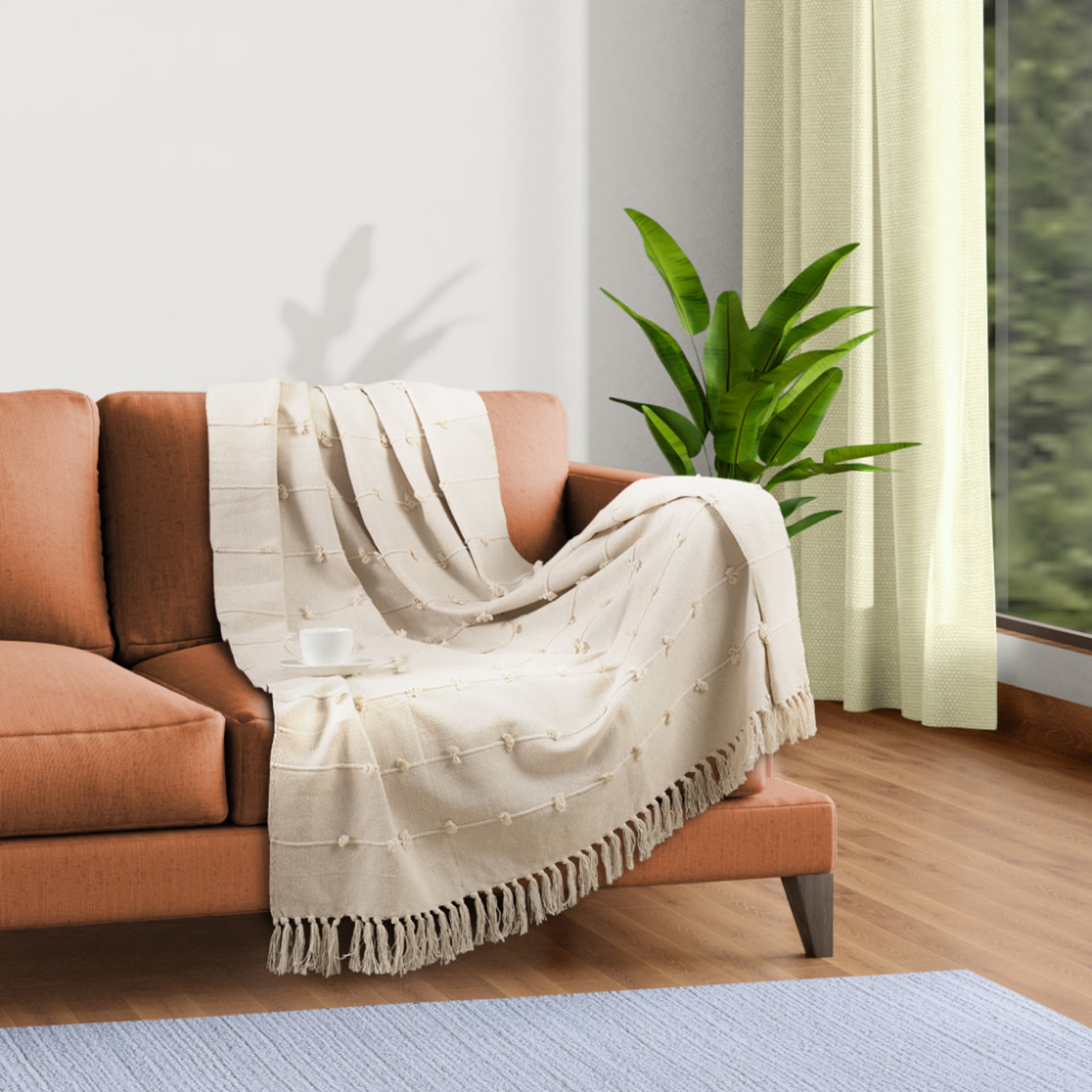 Wakefit 100% Cotton Decorative Throw for Sofa & Chair with Tassels | Soft & Lightweight | Machine Washable | Sandstone Beige 50x 60 inches Cotton, 50x60, Sandstone