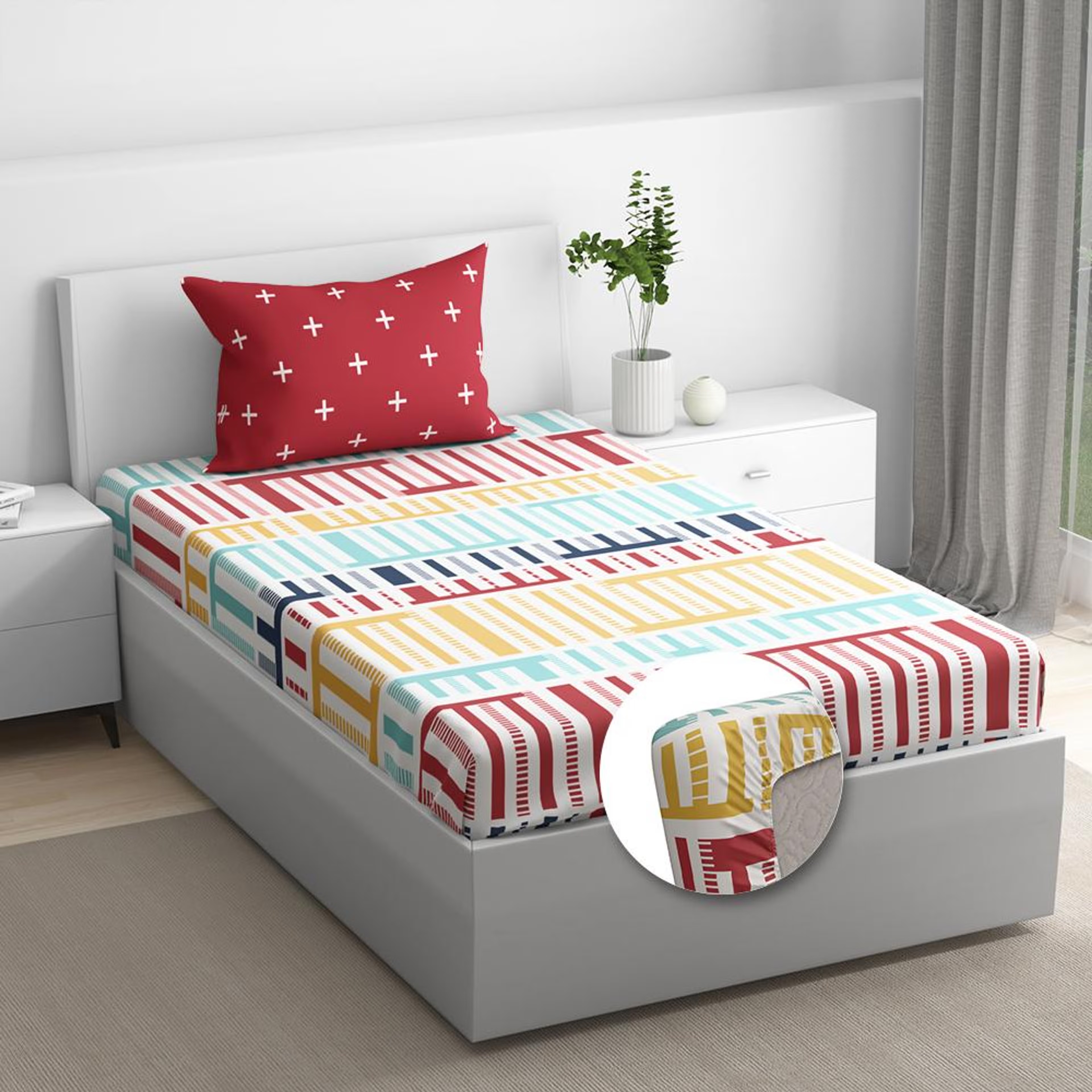 100% Cotton 200 TC Fitted Bedsheet With 1 Pillow Cover | ColorPlay Single - 72" x 30\