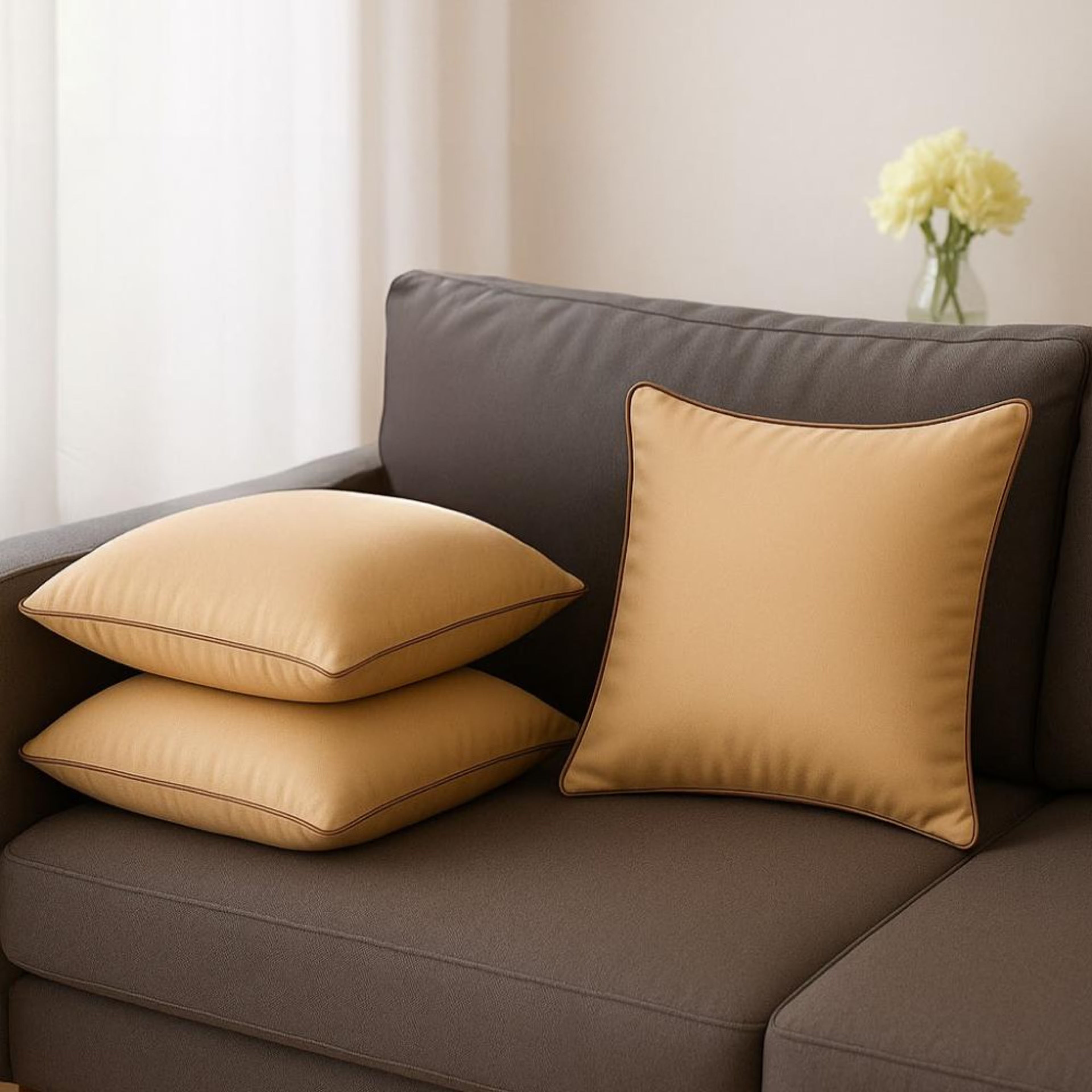 Cushion | Pack of 3 | 16x16 Inch | Hollow Fiber Filling | Use With or Without Cover | For Sofa & Bed | Gentle Machine Wash | Beige 16"x16\