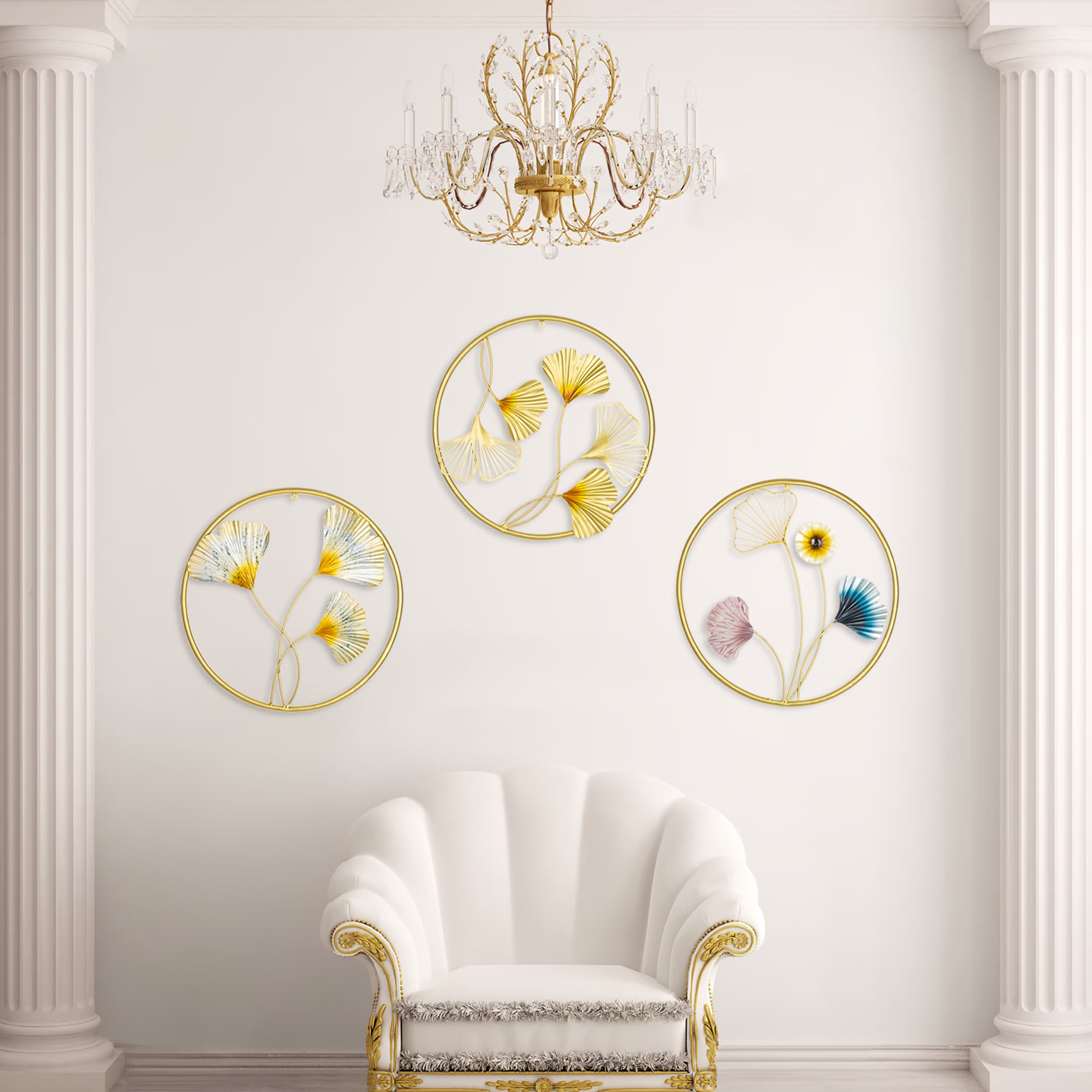 Metal Decorative Leaf Circle Framed Wall Art Small for Living Room Study Bedroom Office | White & Gold | Set of 3 | 18 inch | Whispering Wood Wall Art Multicolor, Set of 1