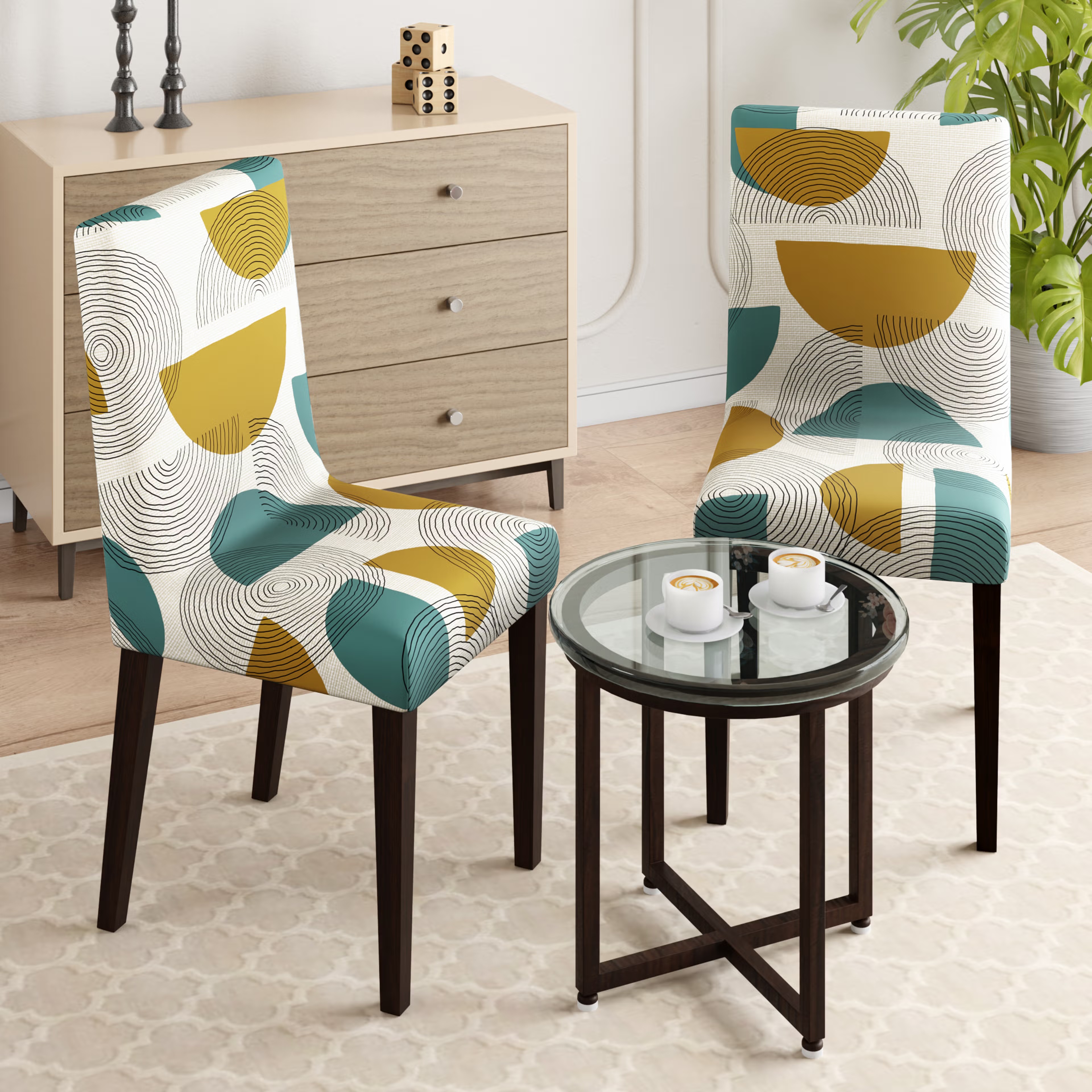 Printed Chair Cover | Elastic Stretchable Dining table Chair Cover 2 seater | Removable & Washable Slip Cover | Chair Seat Protector&nbsp;|&nbsp;Pinaki | Set of 2 Set Of 2, Pinaki