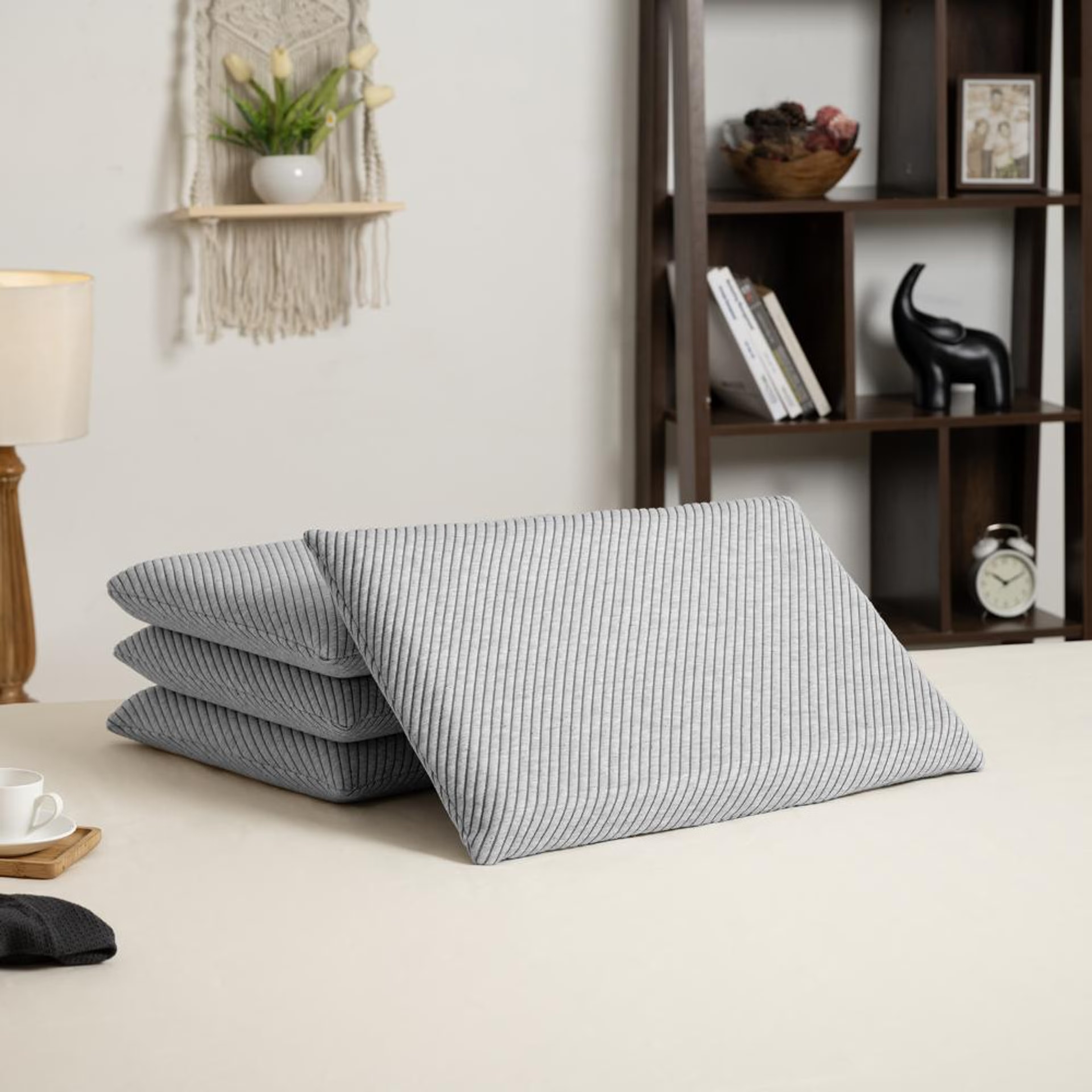Orthopedic Memory Foam Sleeping Pillow | Large & Slim (25x15x2.5) Inch | Set of 4 | Enhanced Neck Support & Pain Relief | Machine Washable Cover | Light Grey Large, Slim, Set of 4, Light Grey