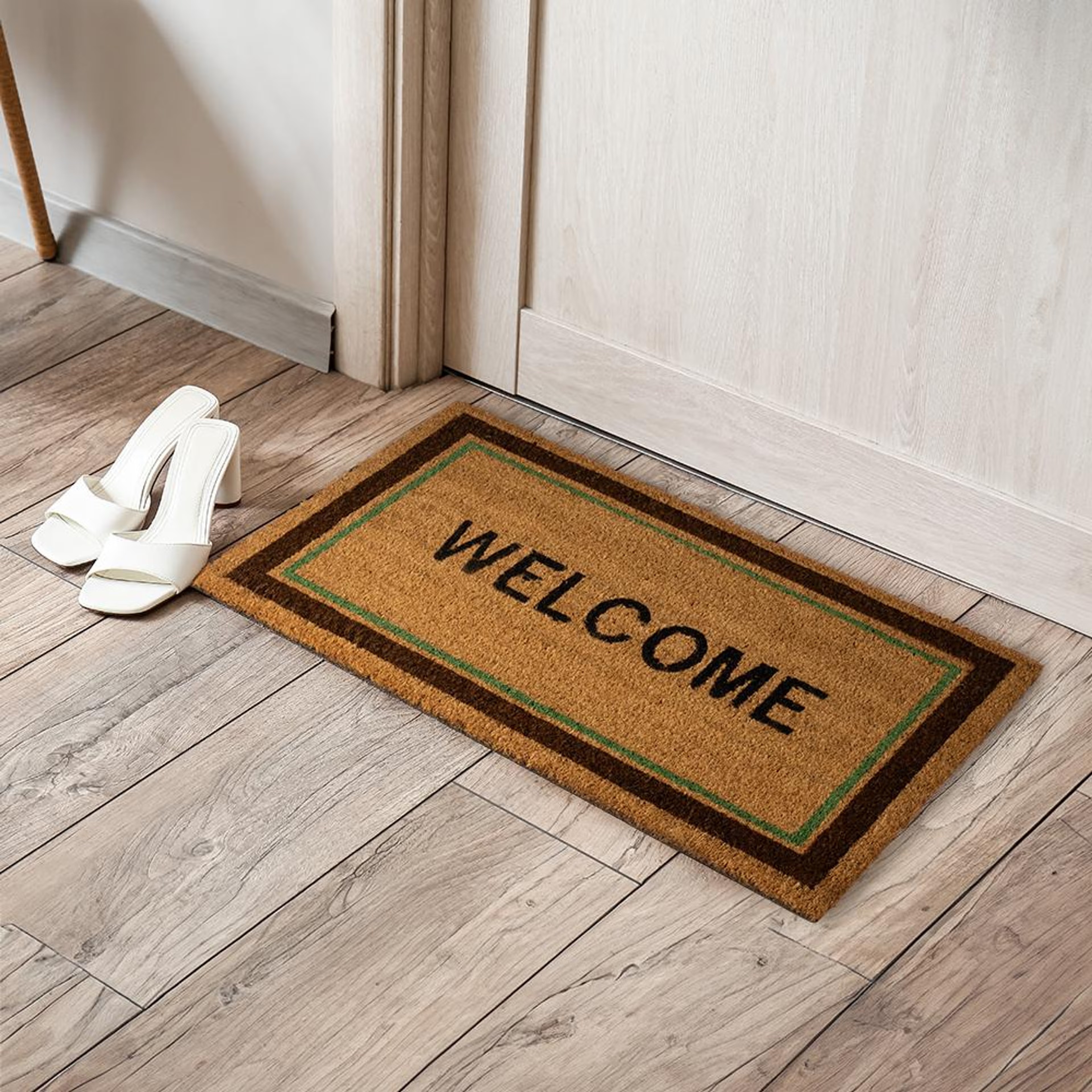Printed Natural Coir Doormat | Long lasting Heavy Duty Thick PVC non-slip backing | Thick Entryway Rug | Large Rectangle Design for Indoor & Covered Door Entrances | Welcome - 40x70 CM | Brown 40*70 cm, Welcome, Set of 1