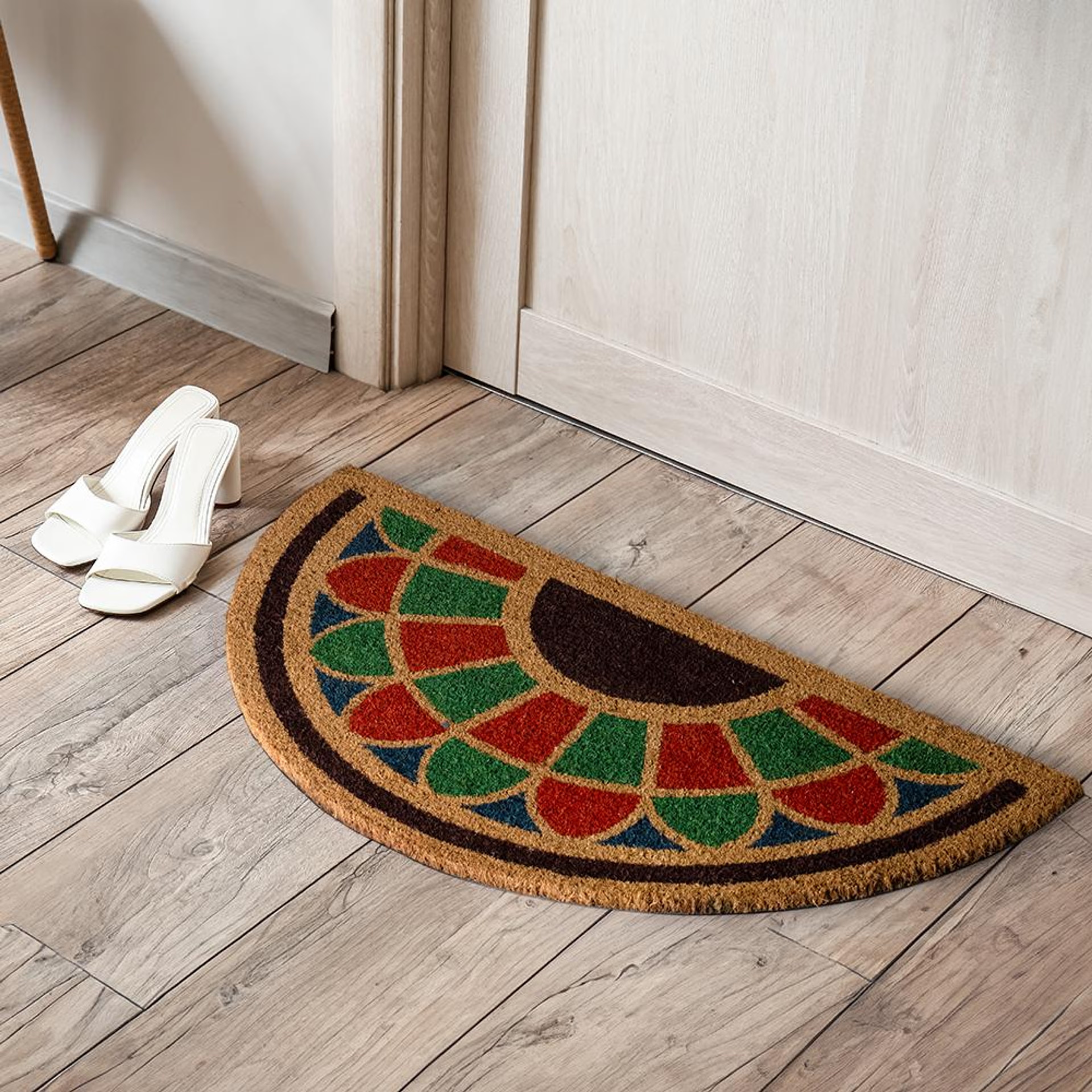 Printed Natural Coir Doormat | Long lasting Heavy Duty Thick PVC non-slip backing | Thick Entryway Rug | Large D shape Design for Indoor & Covered Door Entrances | Rangoli - 40x70 CM | Brown 40*70 cm, Rangoli, Set of 1