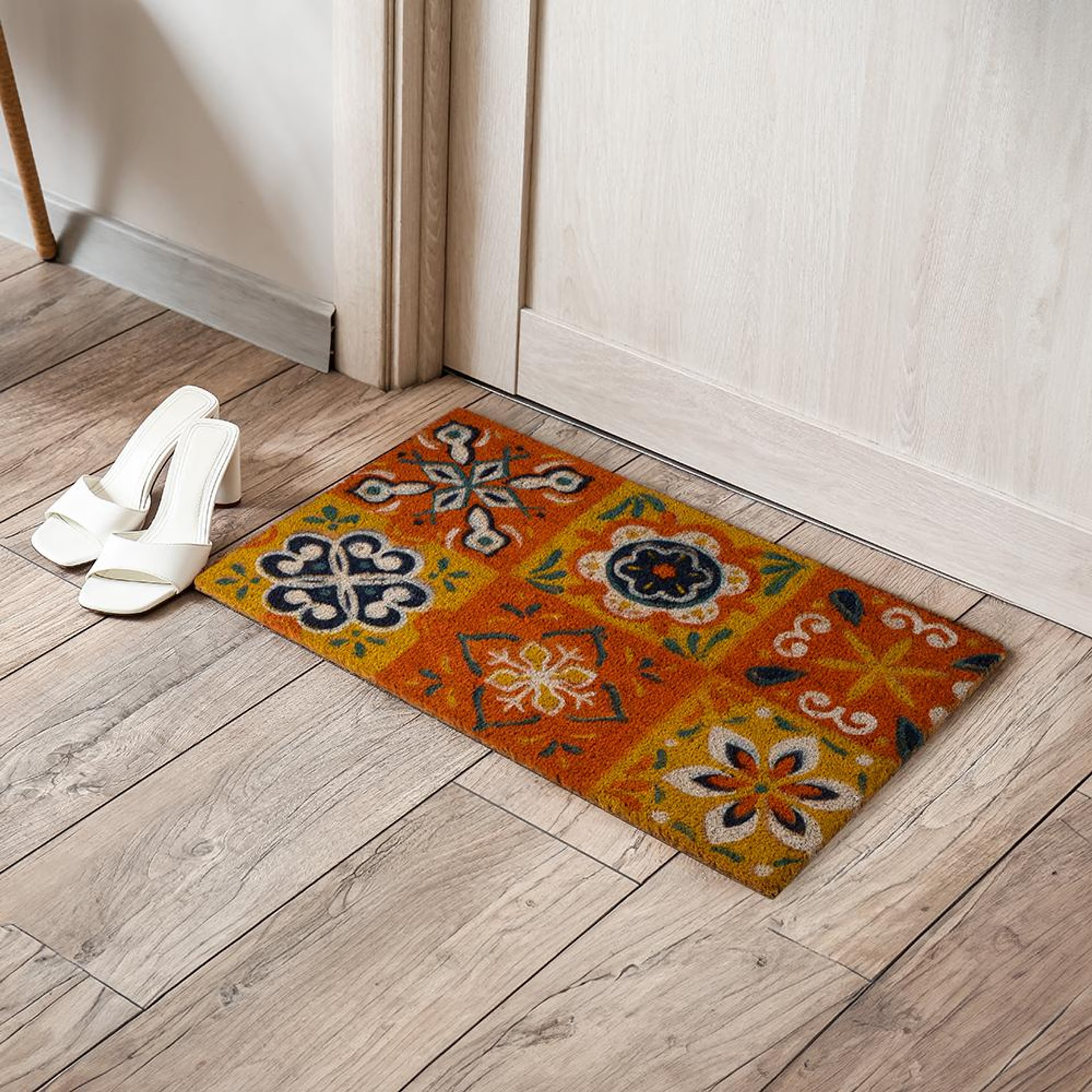 Printed Natural Coir Doormat | Long lasting Heavy Duty Thick PVC non-slip backing | Thick Entryway Rug | Large Rectangle Design for Indoor & Covered Door Entrances | Swagat - 40x70 CM | Brown 40*70 cm, Swagat, Set of 1
