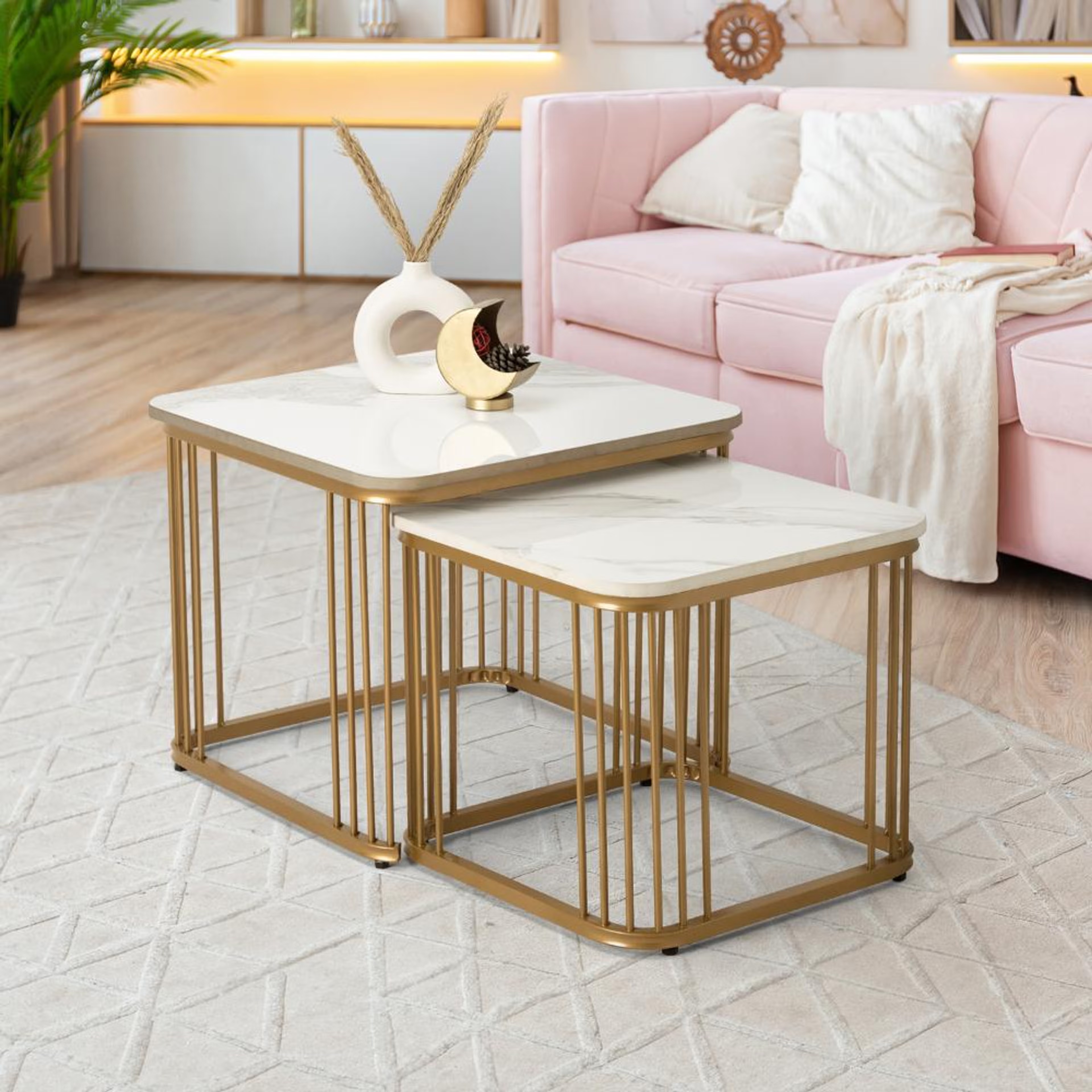 Flat Coffee Table - Marble Finished Top with Metal Base Alaska White