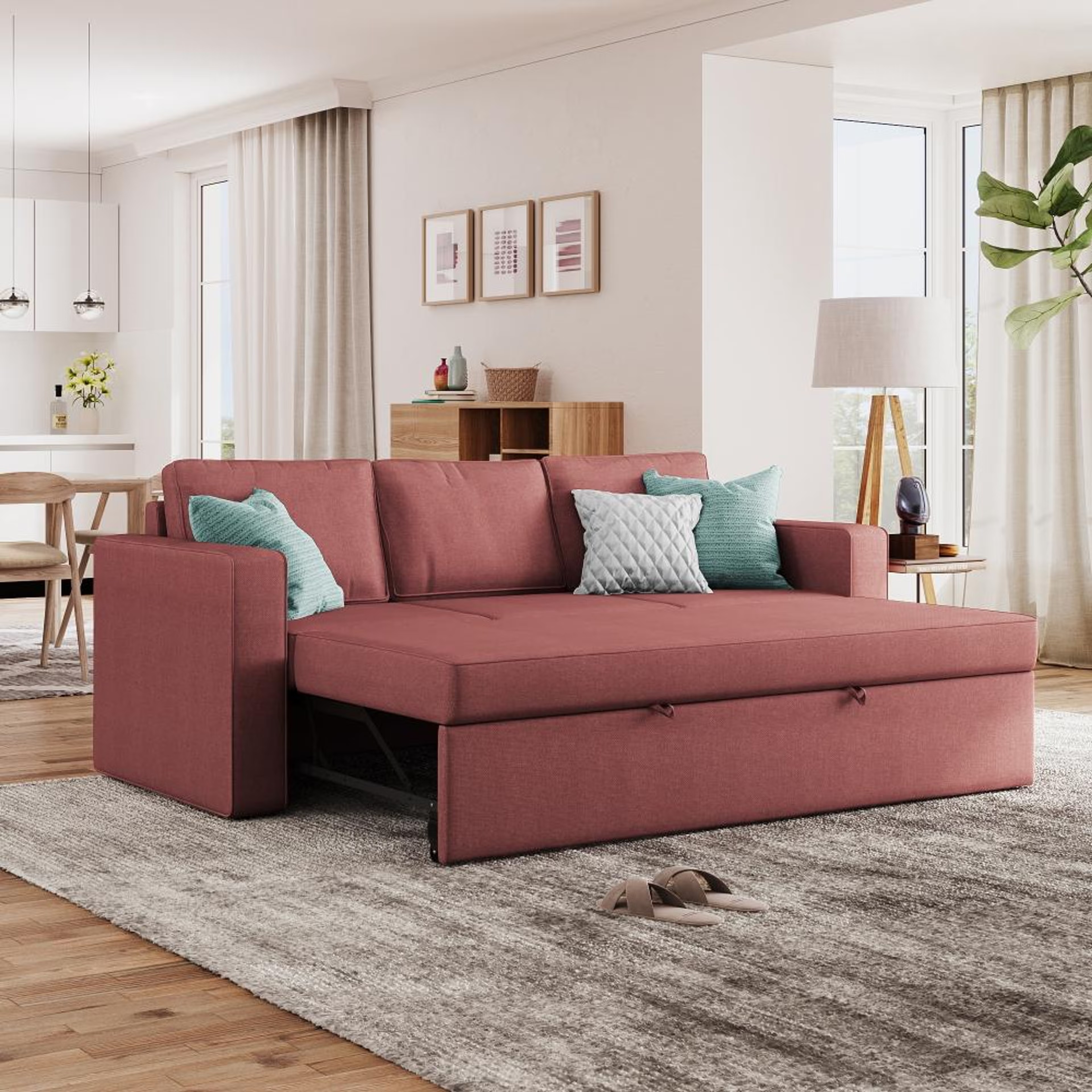 Wakefit Napper Convertible Three Seater Sofa Cum Bed Without Storage 3 Seater, Omega Rose