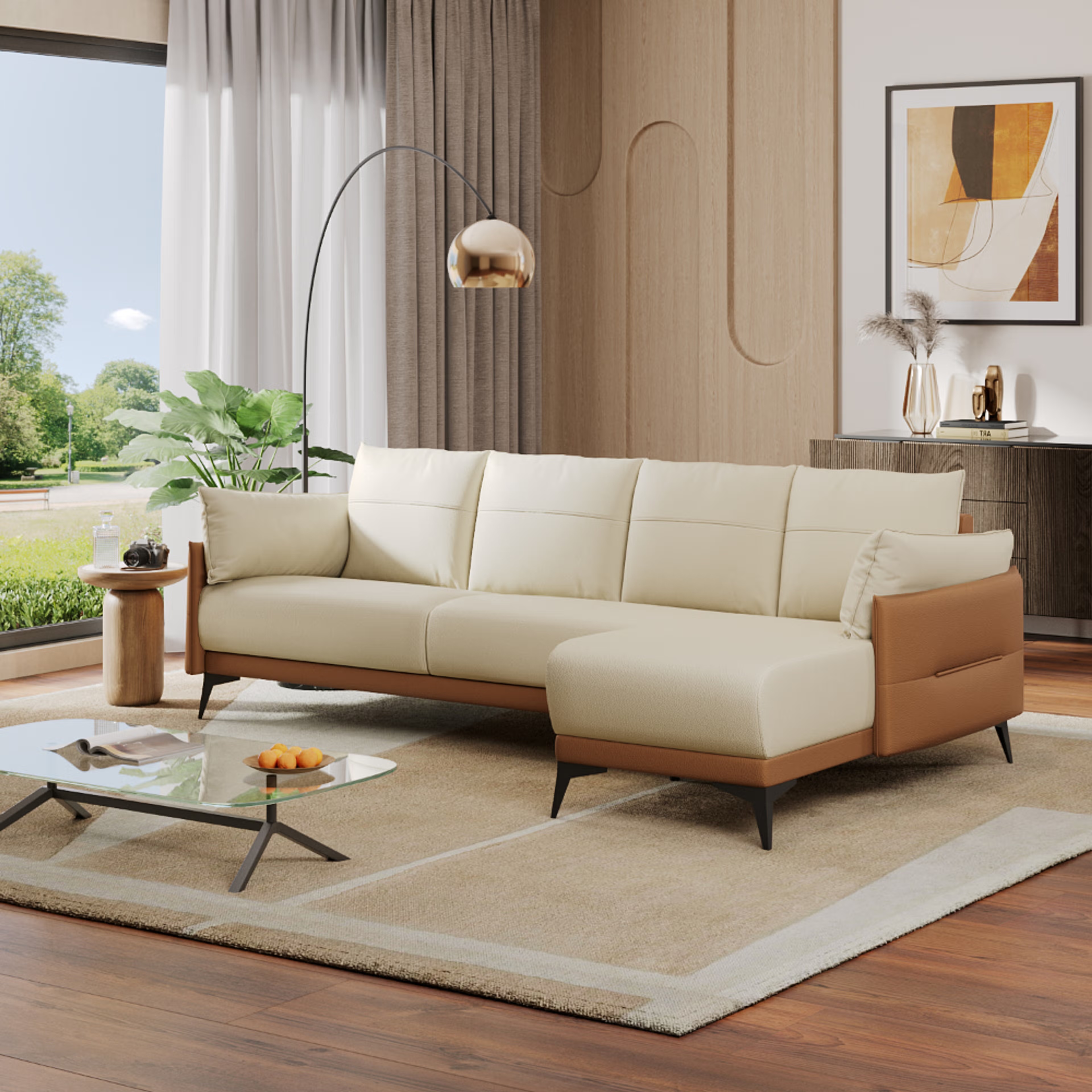 Wakefit Komodo L Shape Sofa Set (3 Seater + Right Aligned Chaise) Sectional, Set (3 Seater + Right Aligned Chaise), Camel & Beige