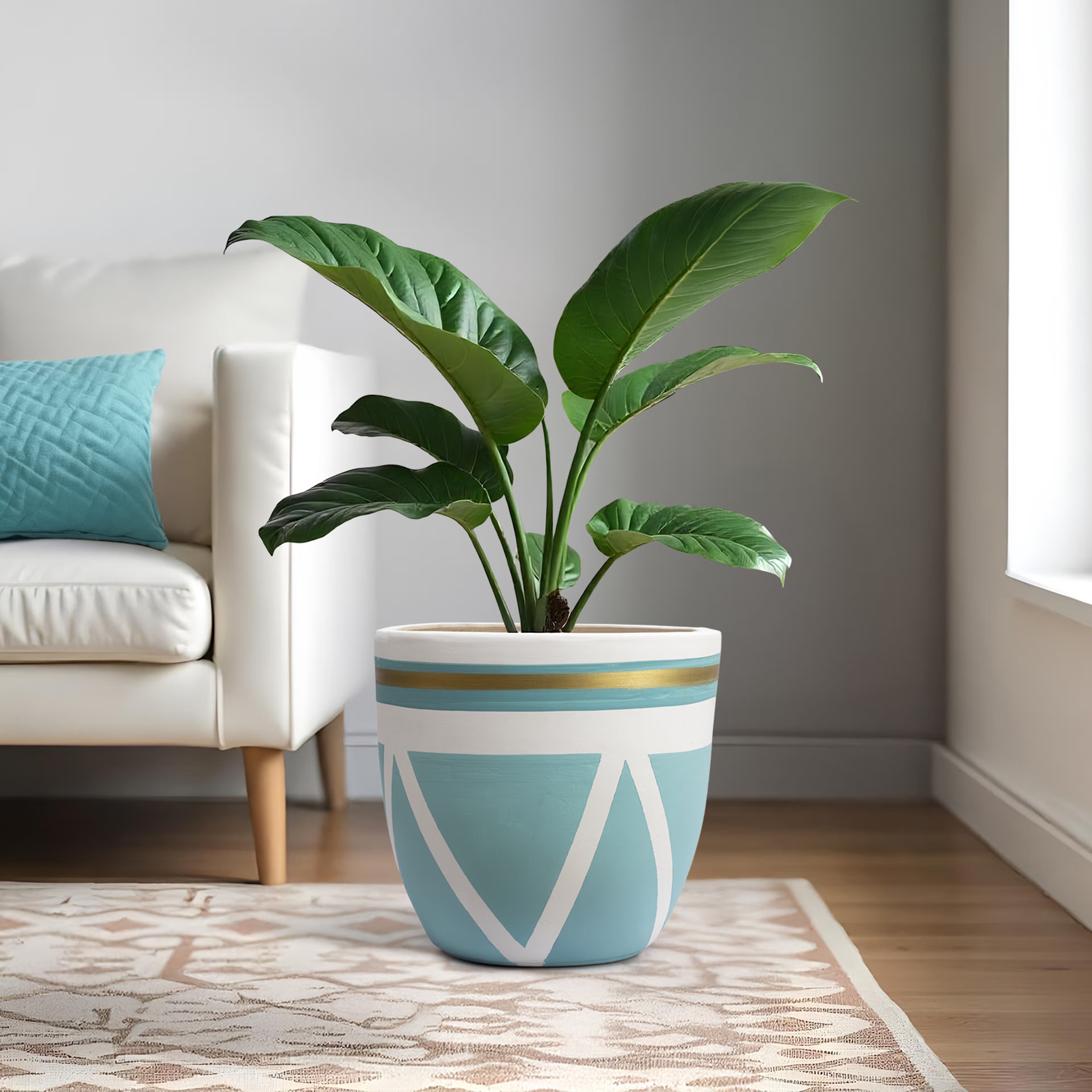 Ceramic Floor Garden Pot | Indoor & Outdoor Planter | Blue & White | 11.5 Inch Pot | Ficus Handpainted Pot Ceramic, Blue, Set of 1